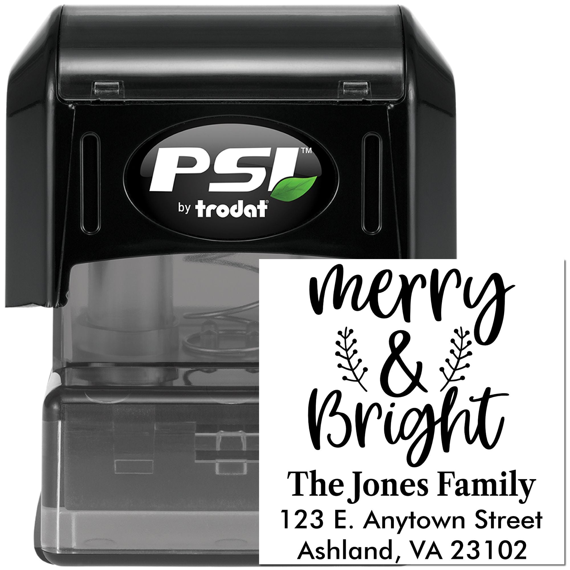 PSI by Trodat self-inking rubber stamp with custom Merry & Bright address imprint for holiday cards and return labels
