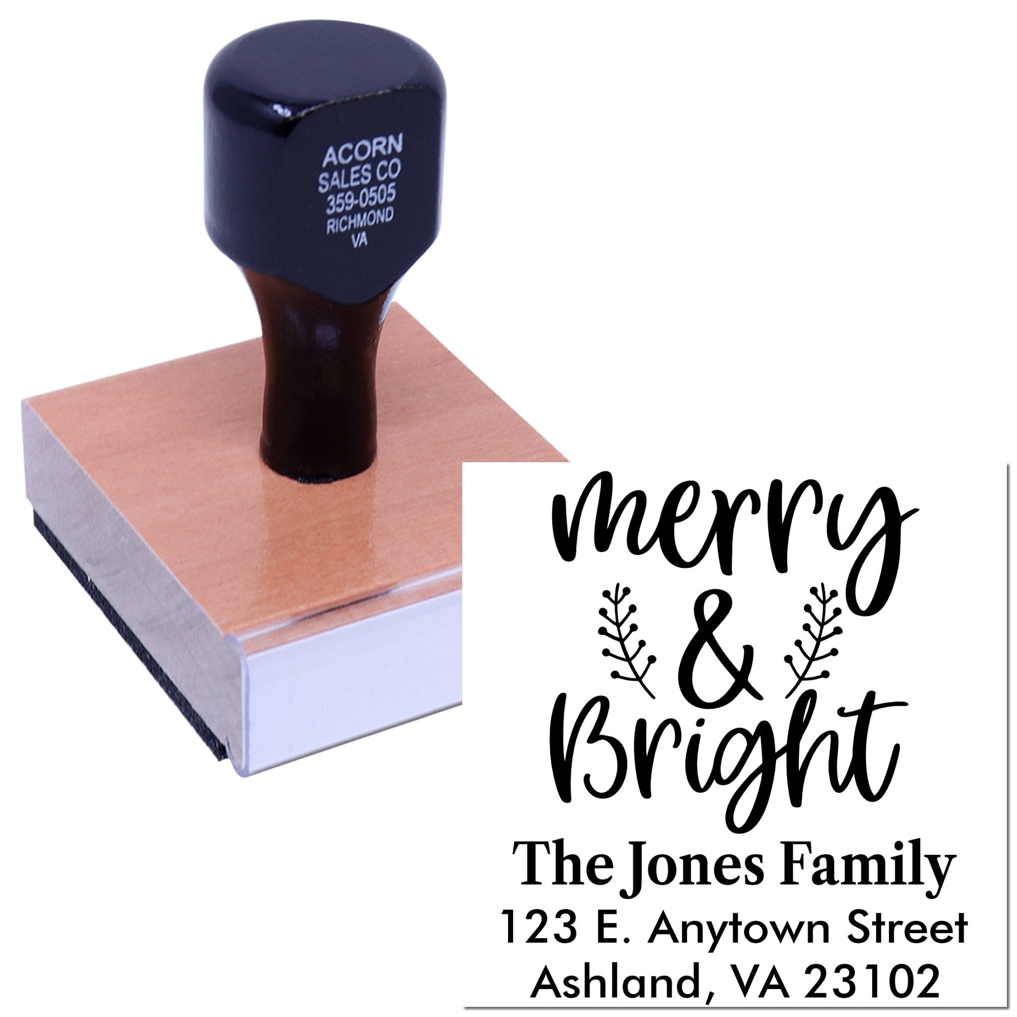 Personalized rubber address stamp with Merry & Bright holiday design for custom family Christmas cards.