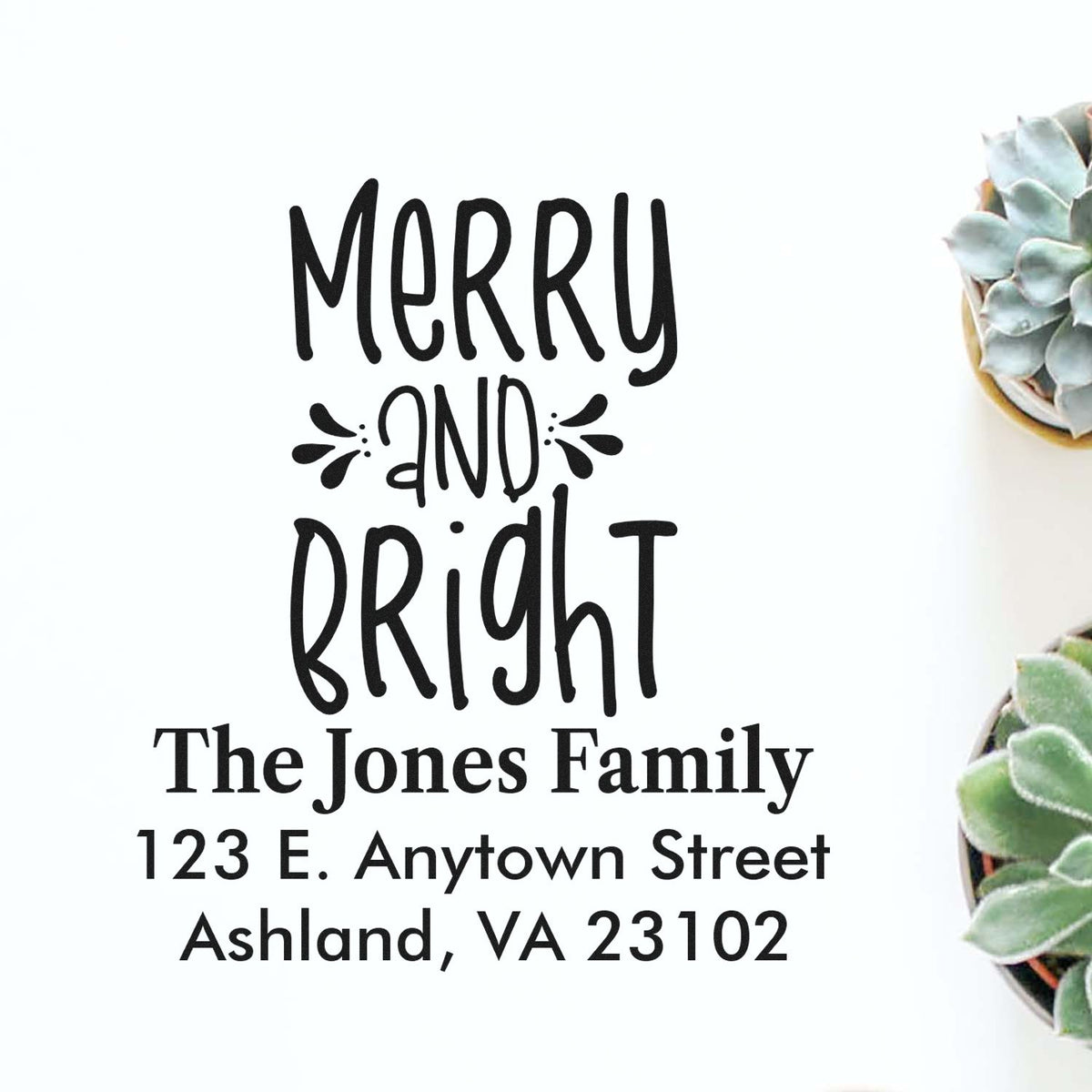 Personalized Merry and Bright return address rubber stamp for The Jones Family, Ashland VA holiday cards