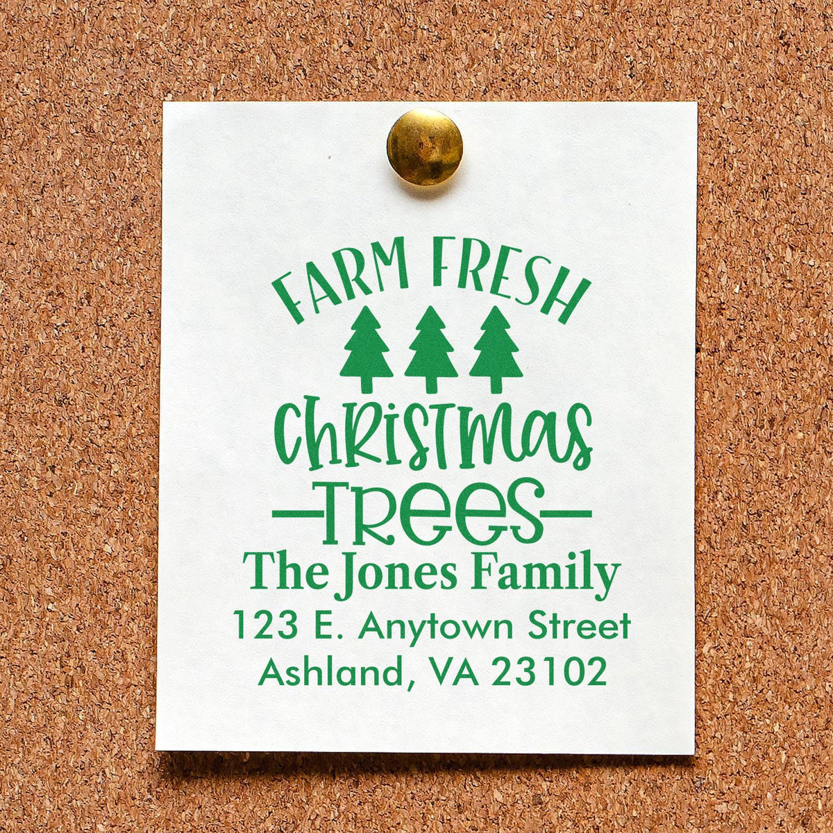 Personalized Farm Fresh Christmas Trees rubber address stamp for holiday mailings, featuring family name and custom return address.