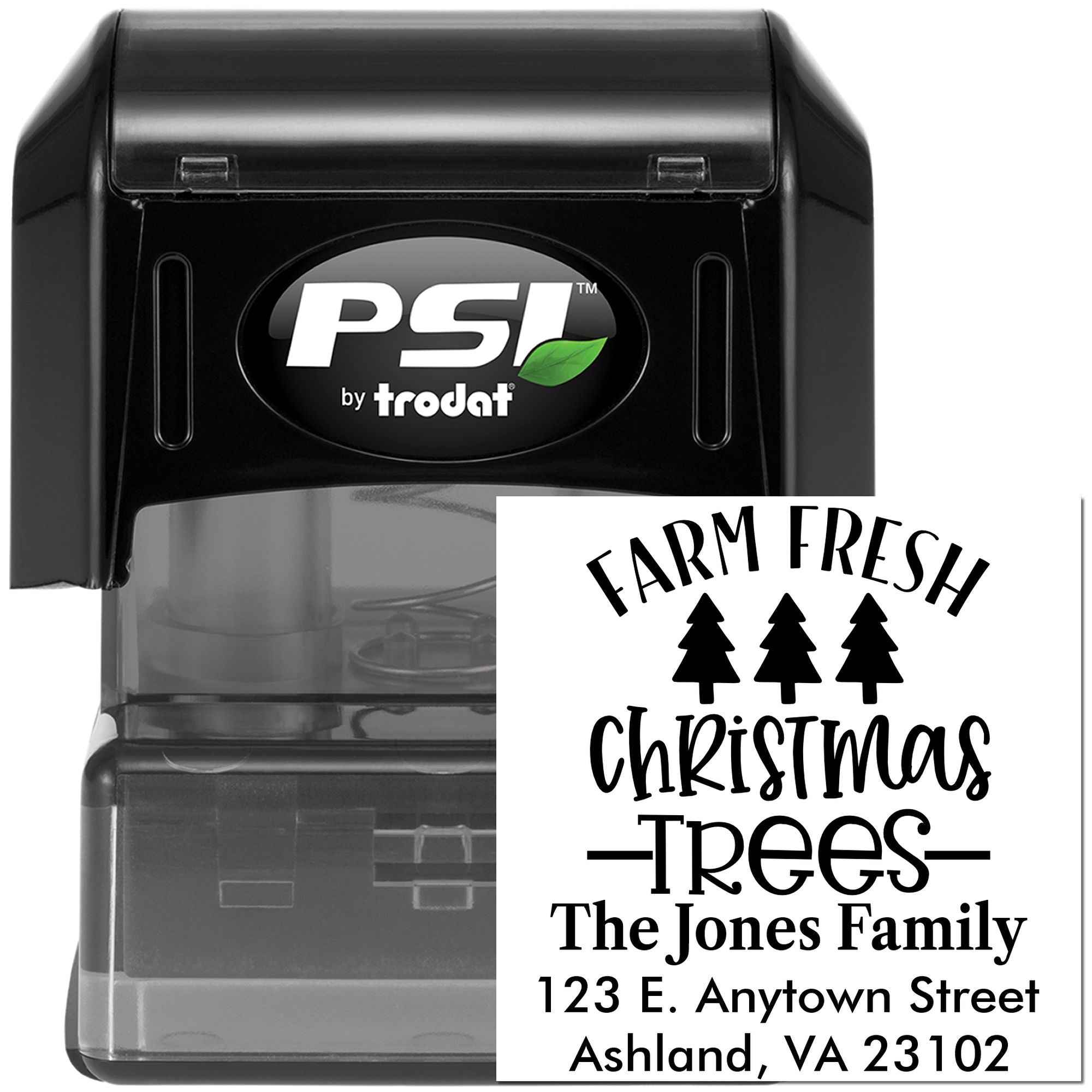 Custom holiday address rubber stamp for Farm Fresh Christmas Trees, self-inking PSI by Trodat.