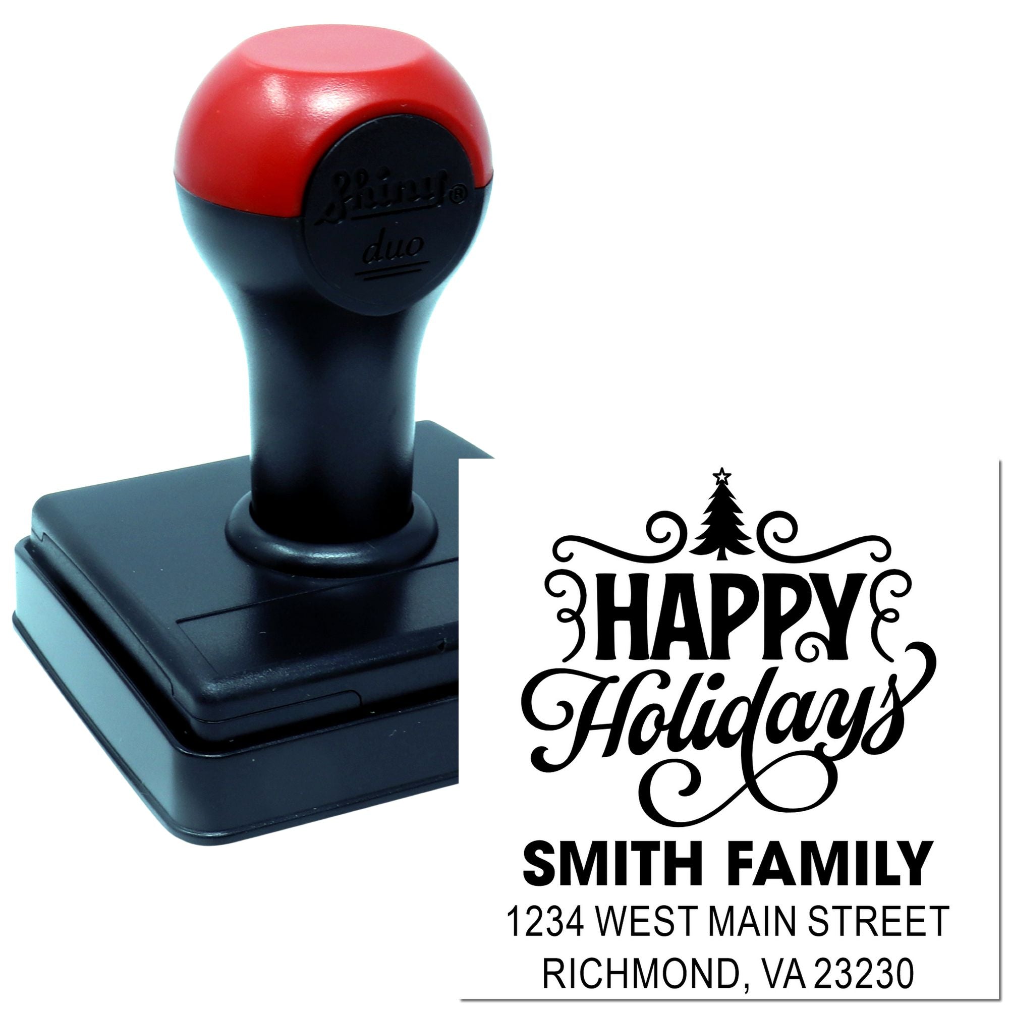 Custom self-inking holiday return address rubber stamp with Happy Holidays design for family mailings.