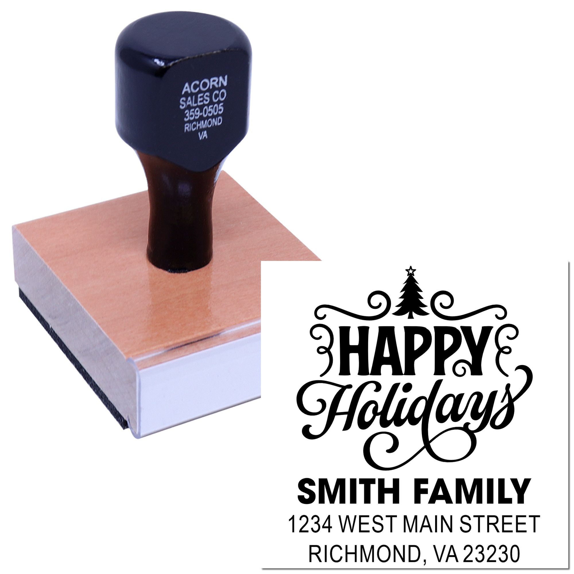 Custom Happy Holidays rubber stamp with Smith family return address and festive Christmas design for envelopes