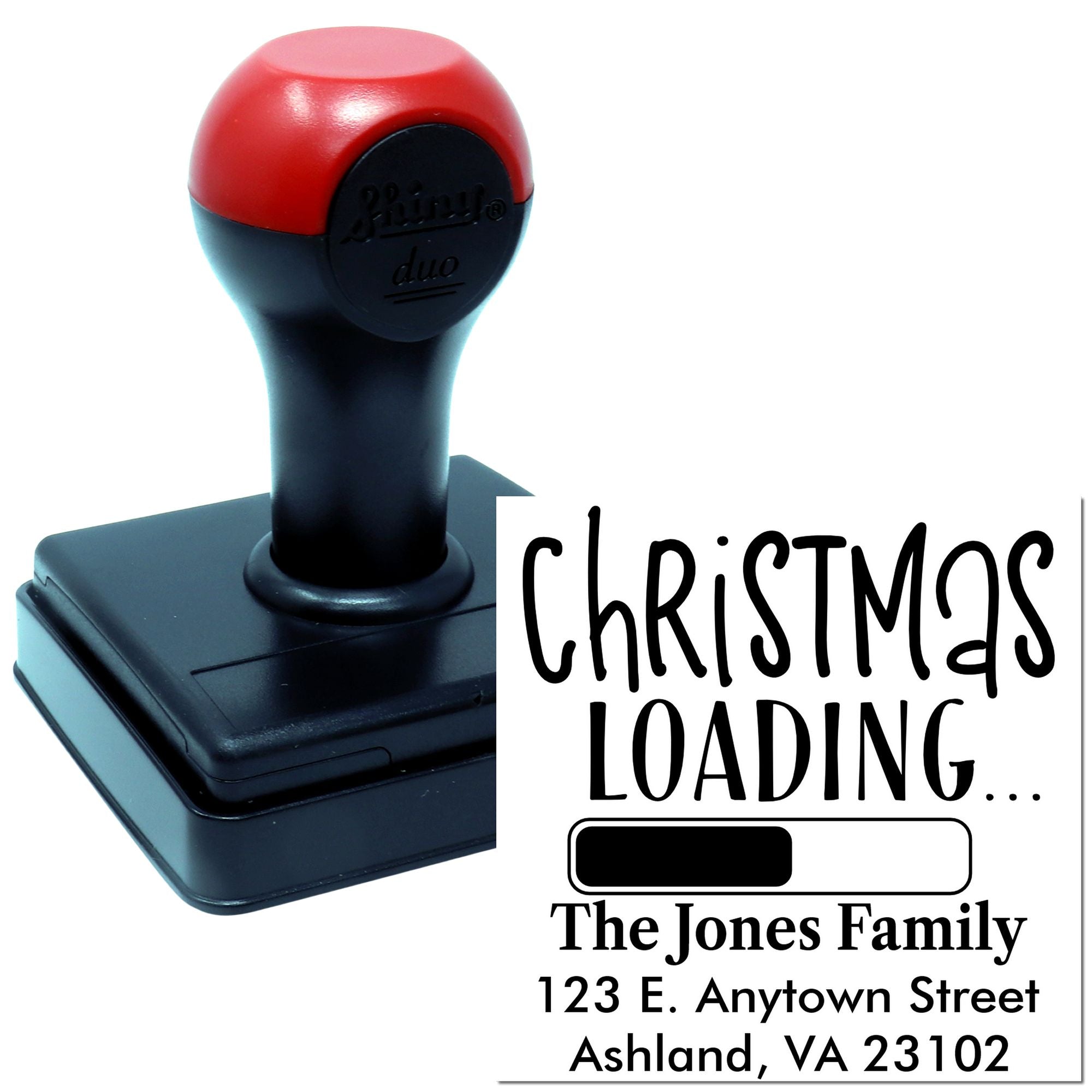 Custom self-inking rubber stamp with Christmas Loading design and family address for personalized holiday mail