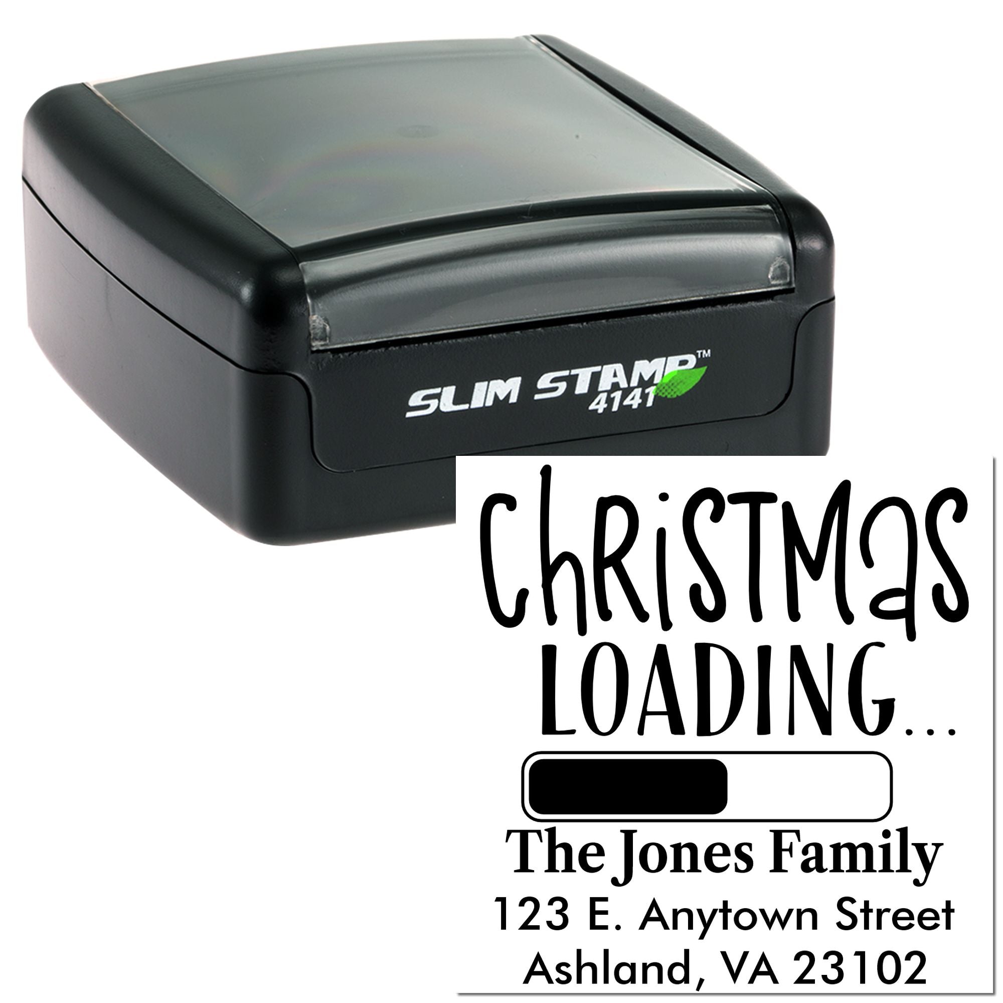 Slim Stamp 4141 custom self-inking rubber stamp with Christmas loading address design for holiday mailings.