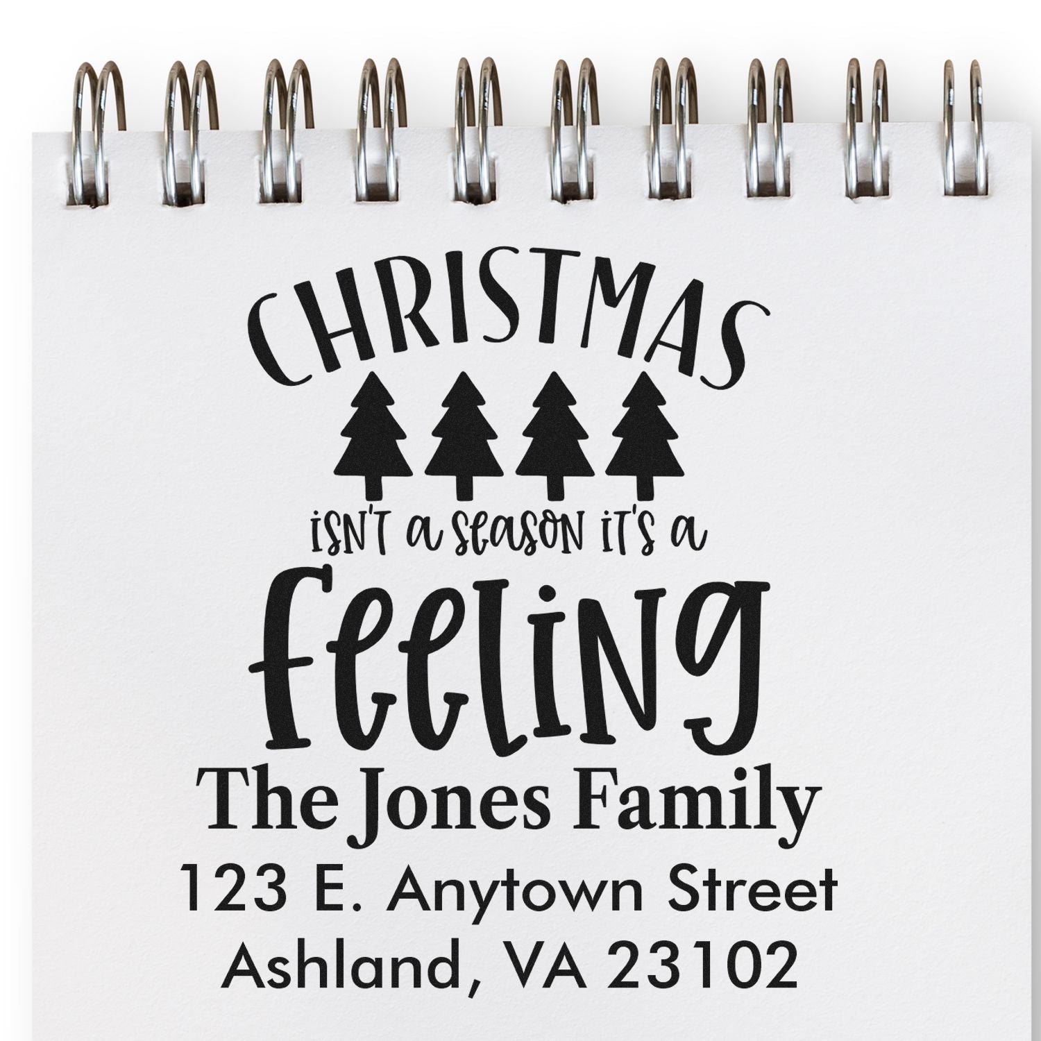 Personalized Christmas return address rubber stamp design with festive trees for holiday cards and mailings.
