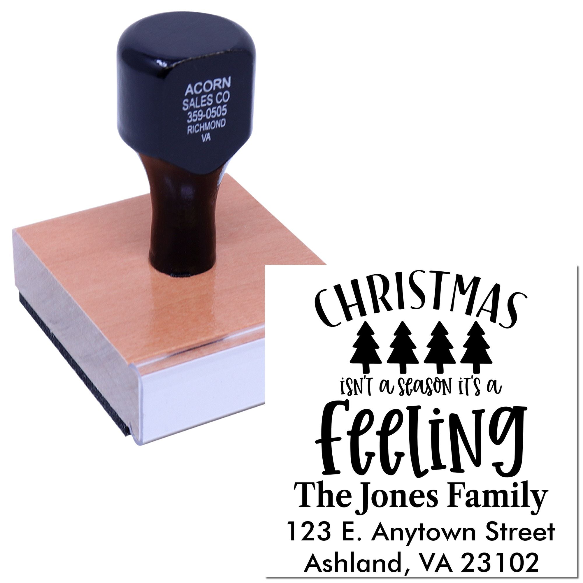 Custom Christmas return address rubber stamp with festive family quote and address for holiday cards and mail.