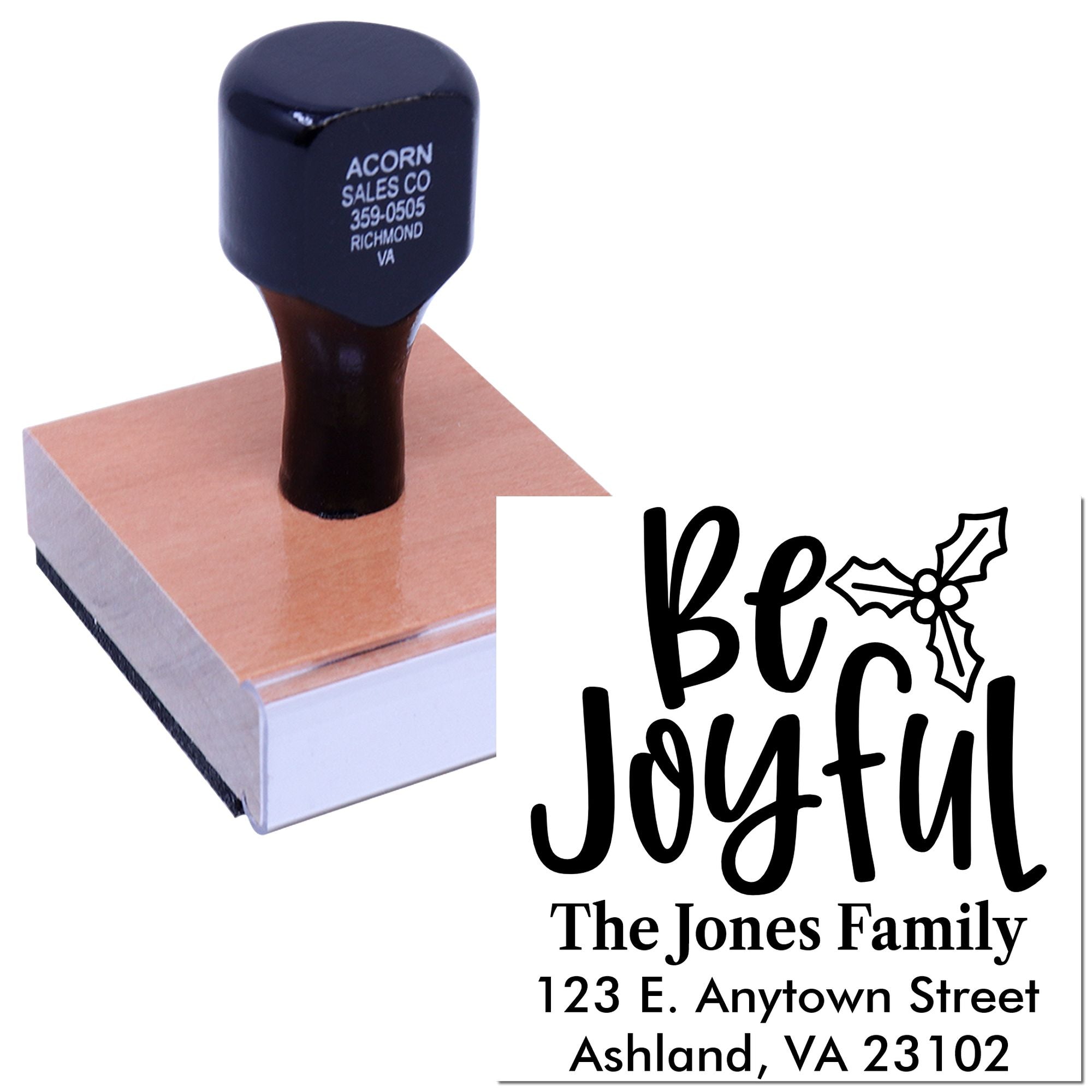 Custom holiday address rubber stamp with Be Joyful greeting and family name, ideal for personalized Christmas card envelopes.