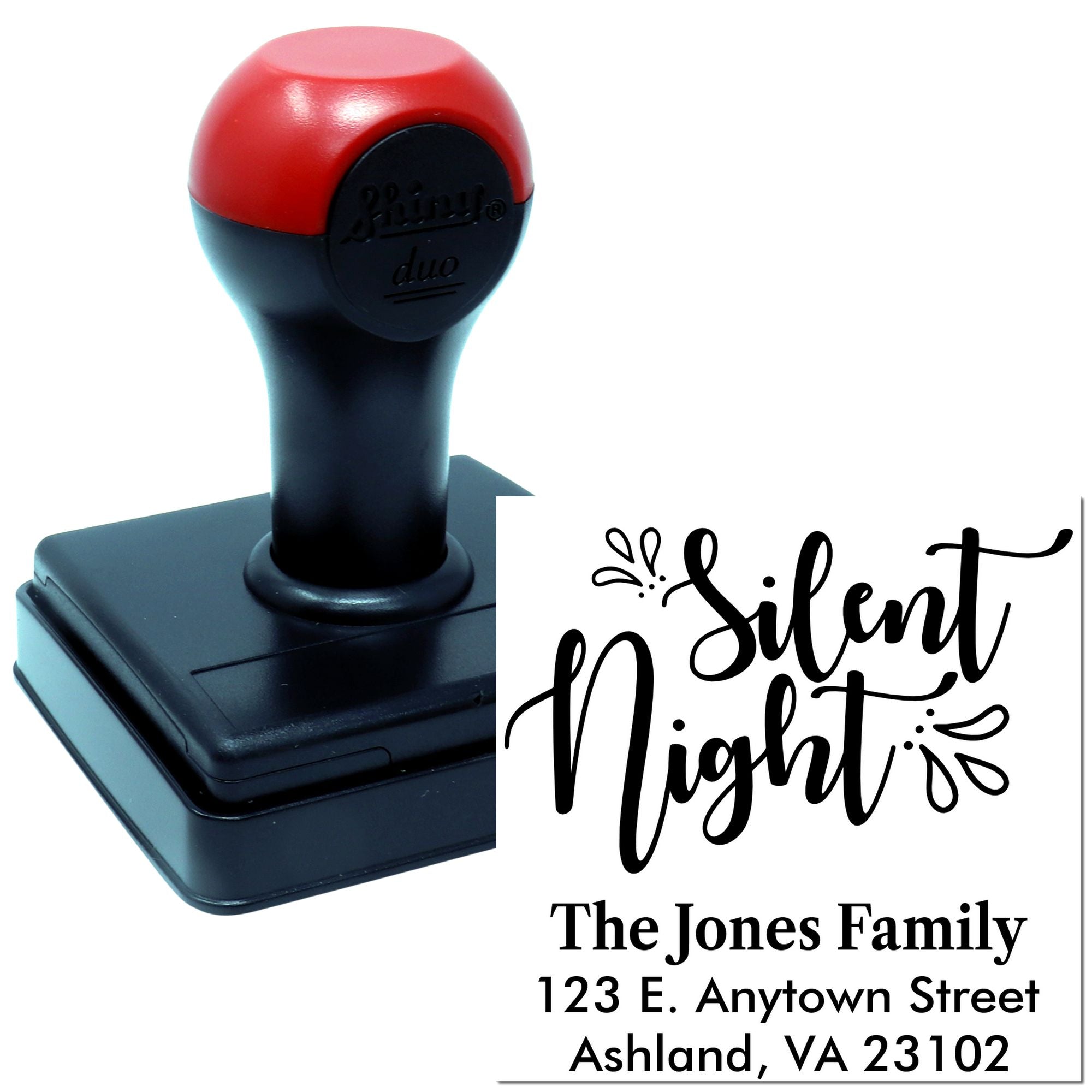 Custom self-inking rubber stamp for Silent Night return address envelopes, personalized for The Jones Family holiday mail.