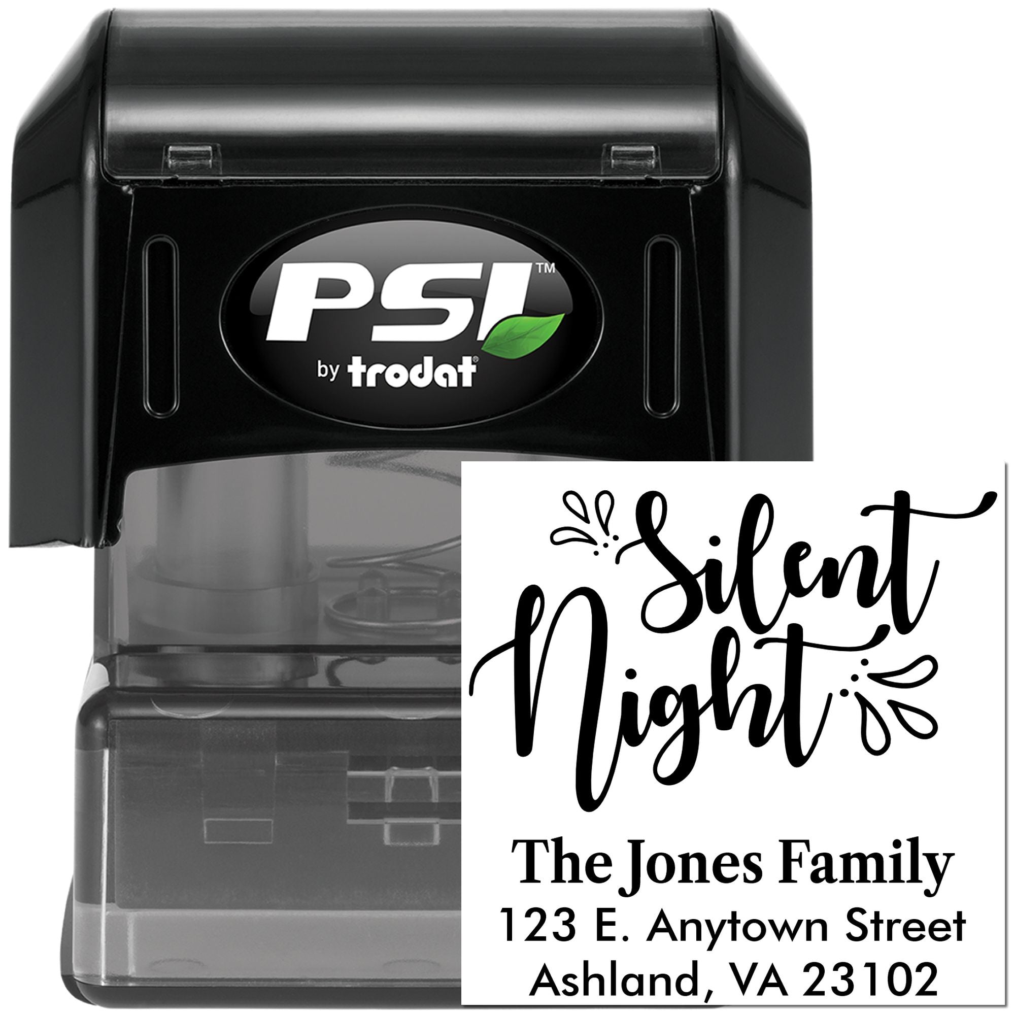 Custom Silent Night return address rubber stamp, PSI by Trodat self-inking stamp for holiday cards and family mailings