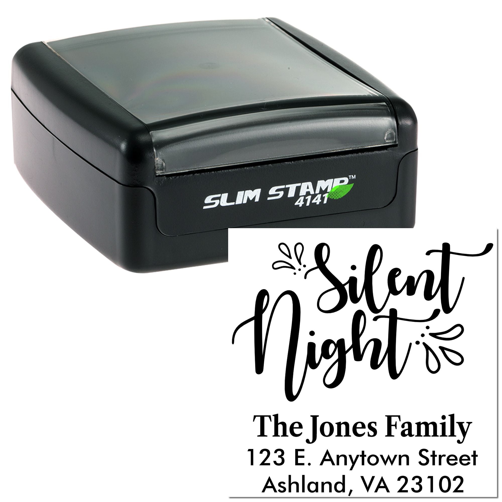 Self-inking rubber stamp with custom Silent Night return address design for holiday cards and envelopes.