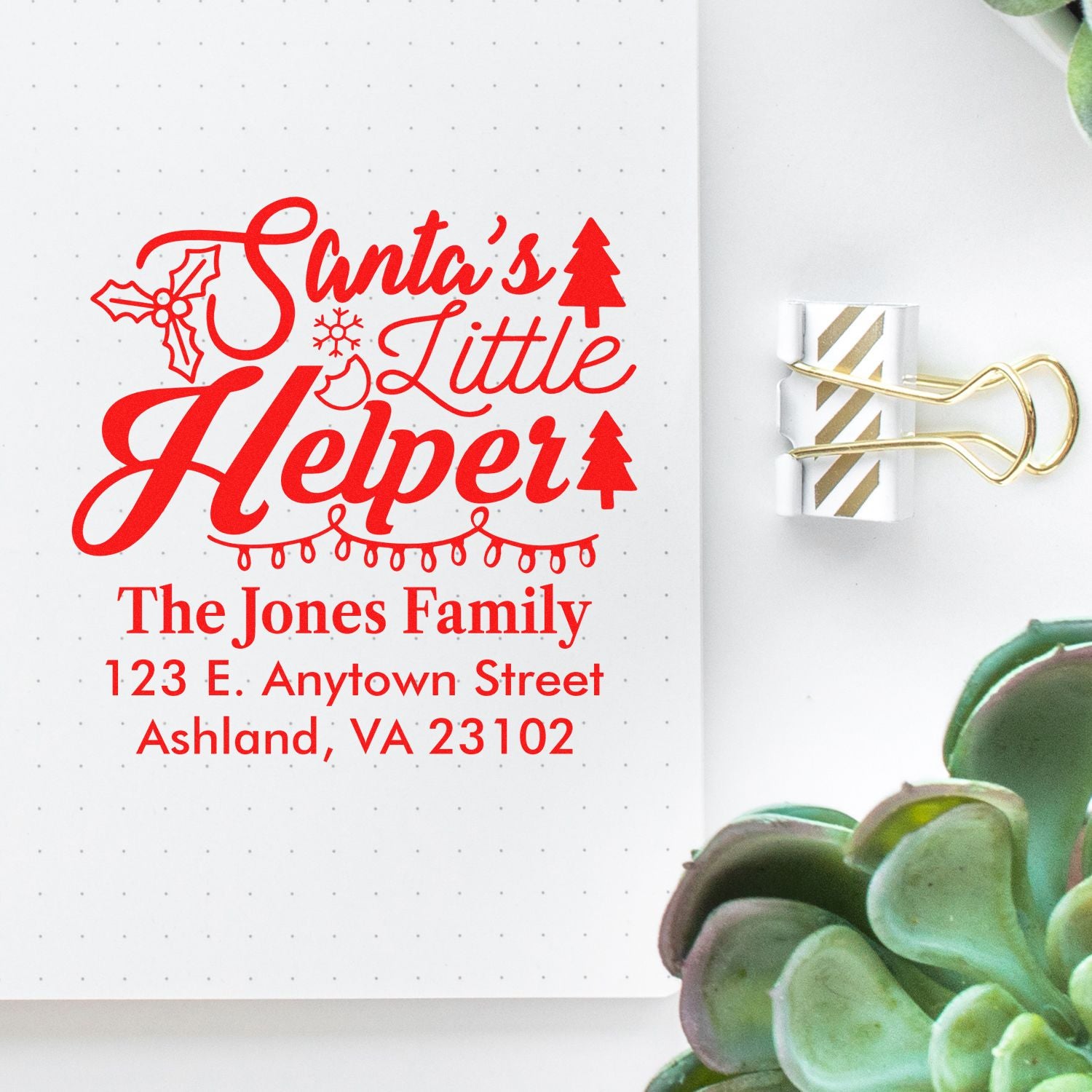 Personalized Christmas return address rubber stamp with Santas Little Helper design for holiday cards and mail.
