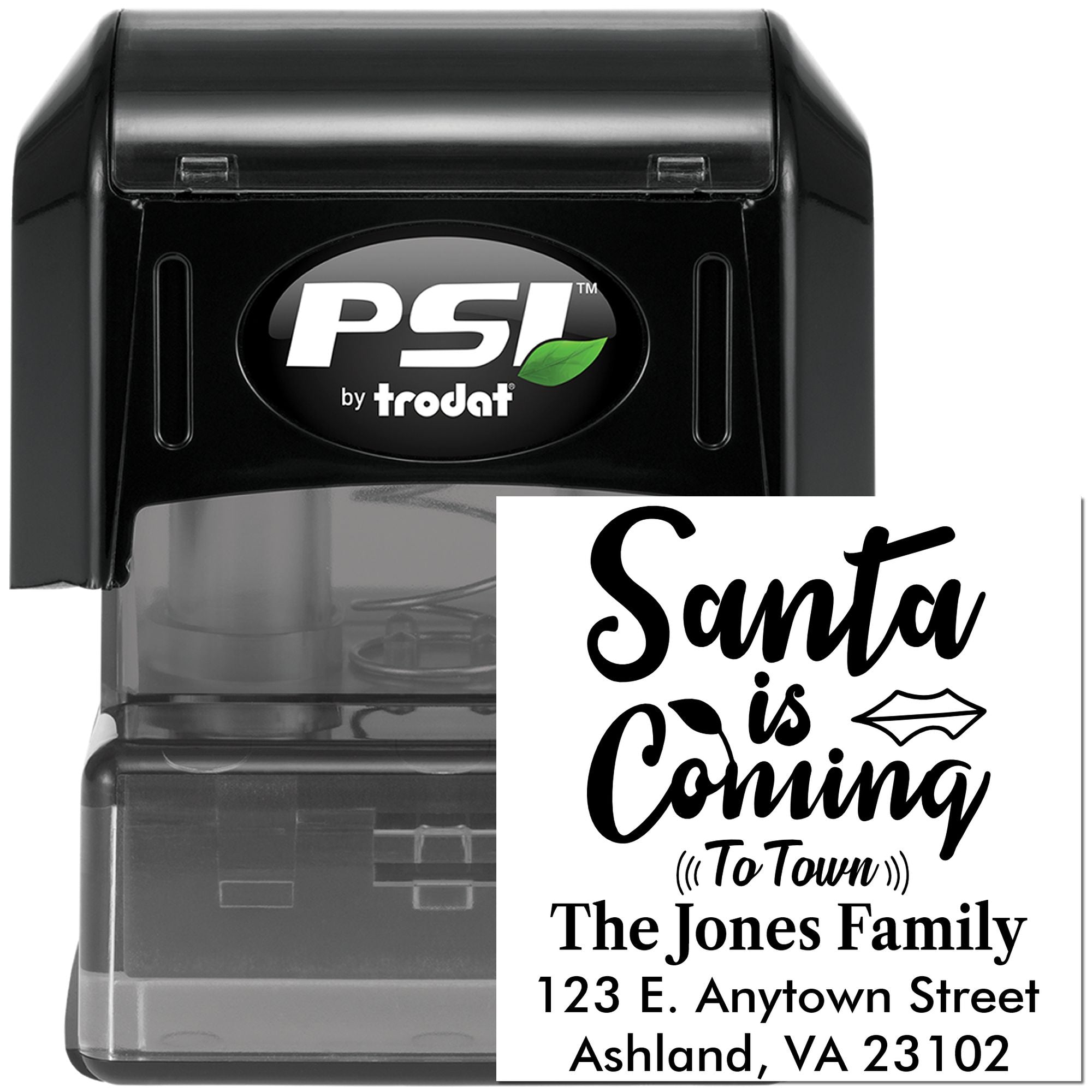 Custom self-inking Christmas address stamp with Santa is Coming to Town design for The Jones Family holiday mailings.