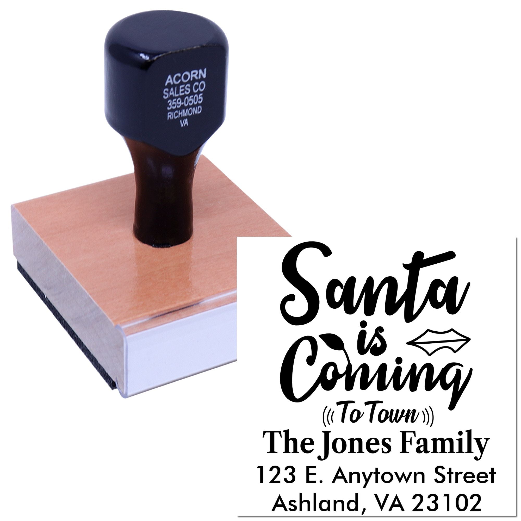 Custom rubber stamp with Santa is Coming to Town family address design for holiday cards and Christmas mailings.