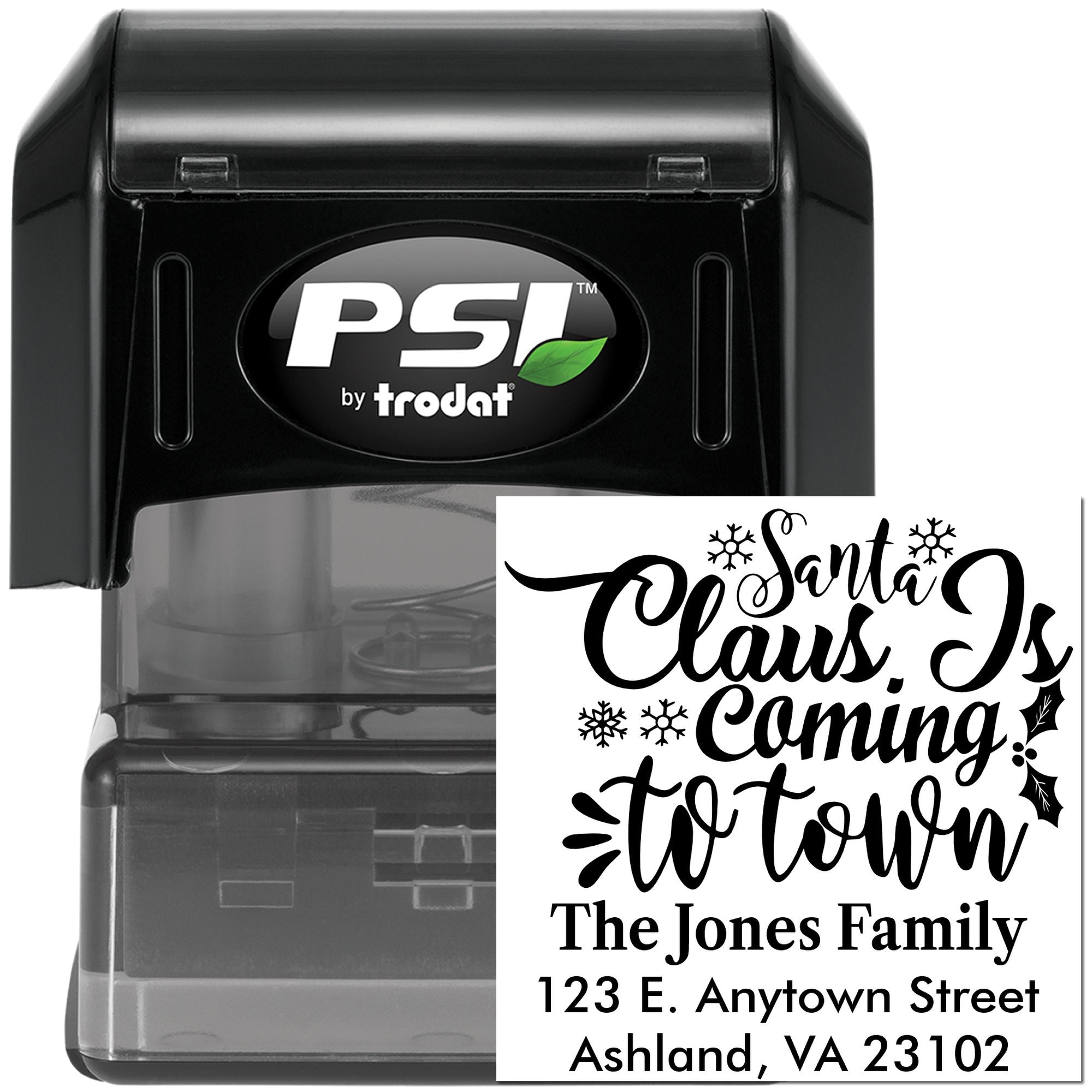 Custom holiday return address rubber stamp, PSI by Trodat self-inking stamp with Santa Claus is Coming to Town design.