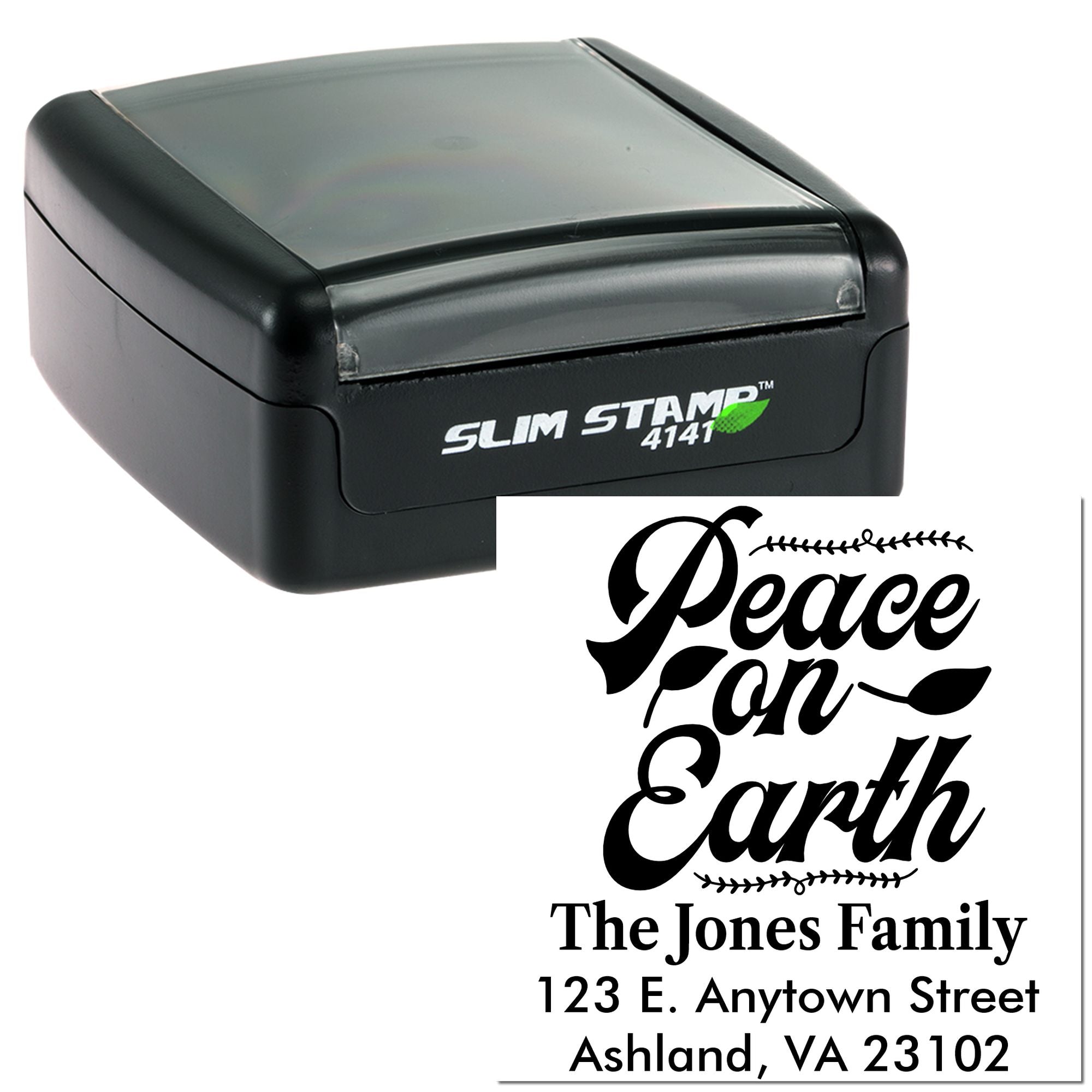 Custom self-inking rubber address stamp with Peace on Earth design for The Jones Family, Ashland VA.