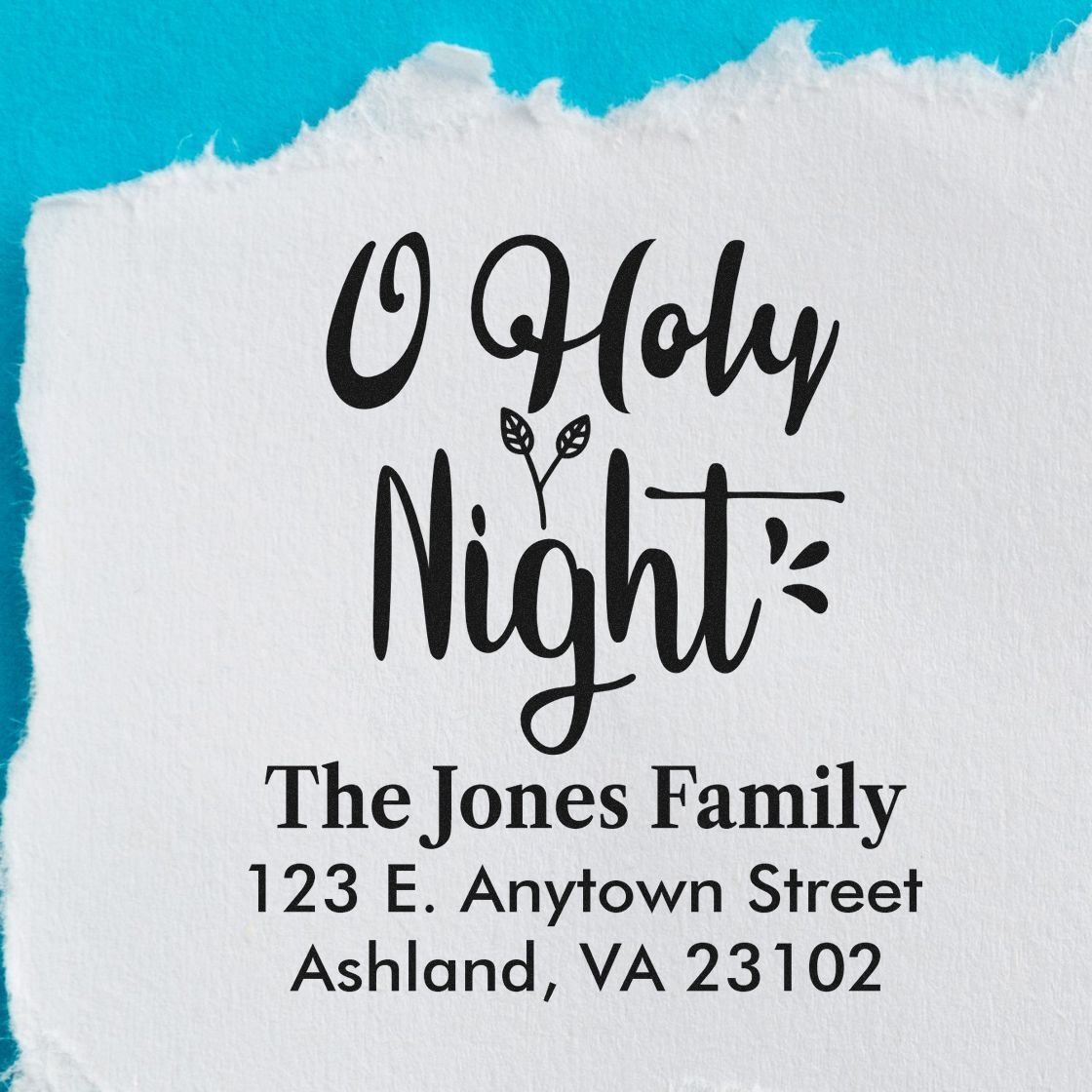 Personalized O Holy Night address stamp for Christmas cards, featuring family name and return address.