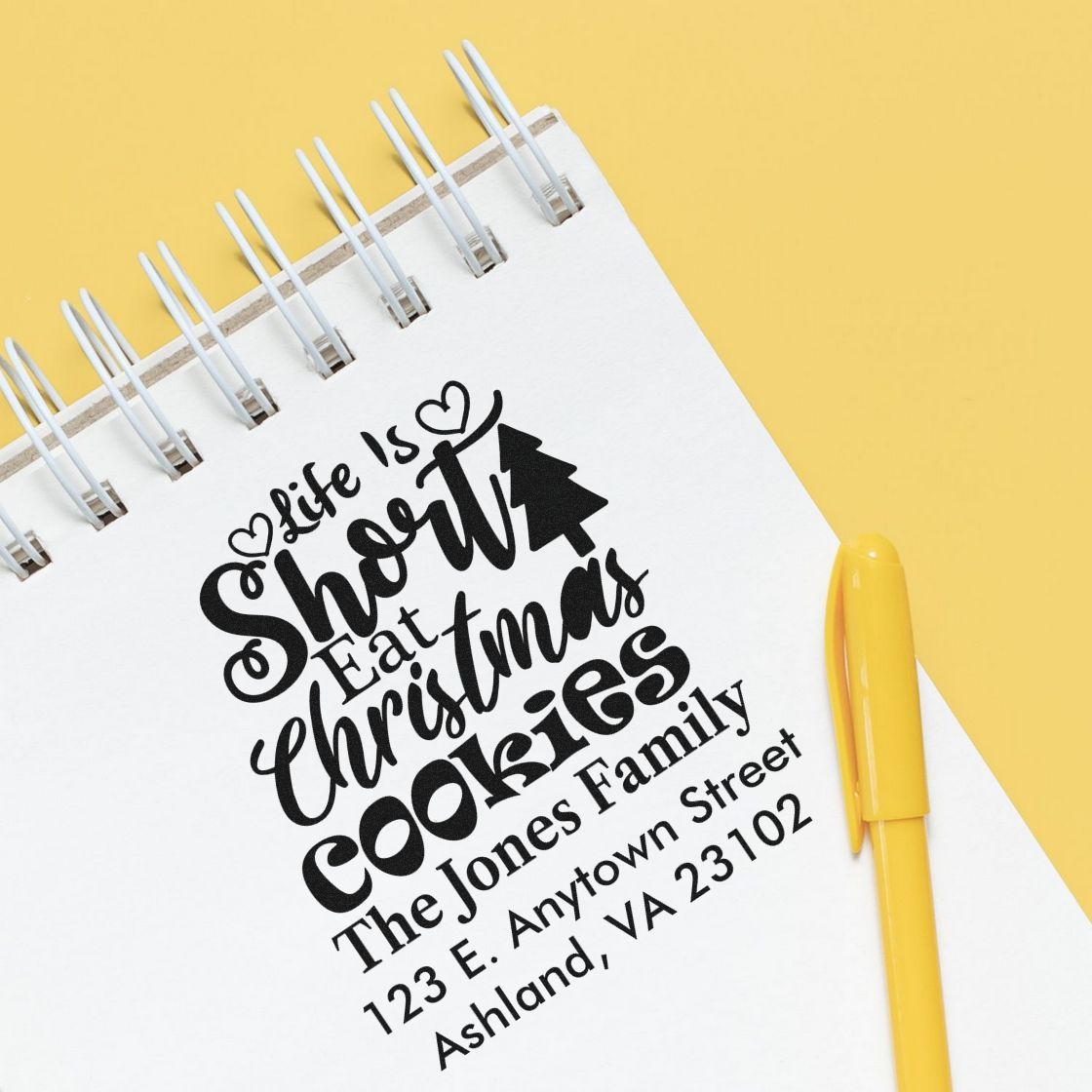 Personalized Christmas cookie rubber stamp with family name and address for holiday baking, cards, and gift tags