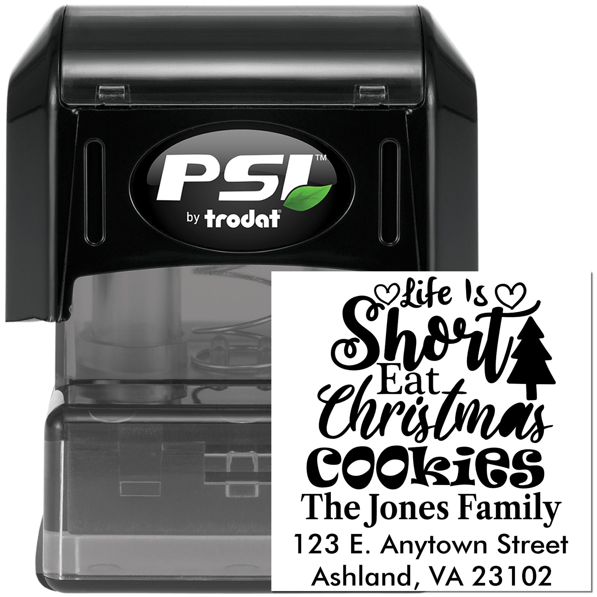 Custom holiday address rubber stamp with Christmas cookie design, PSI by Trodat.