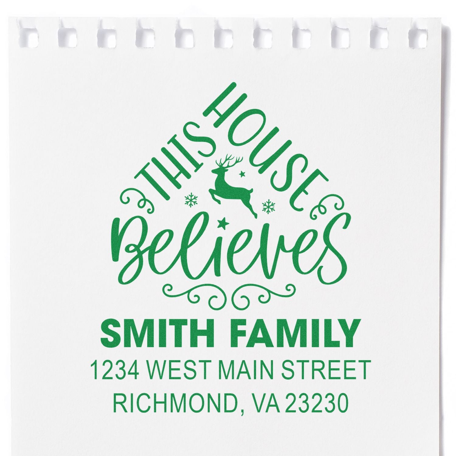 Personalized holiday rubber stamp with This House Believes design, Smith family name, and return address for Christmas cards.