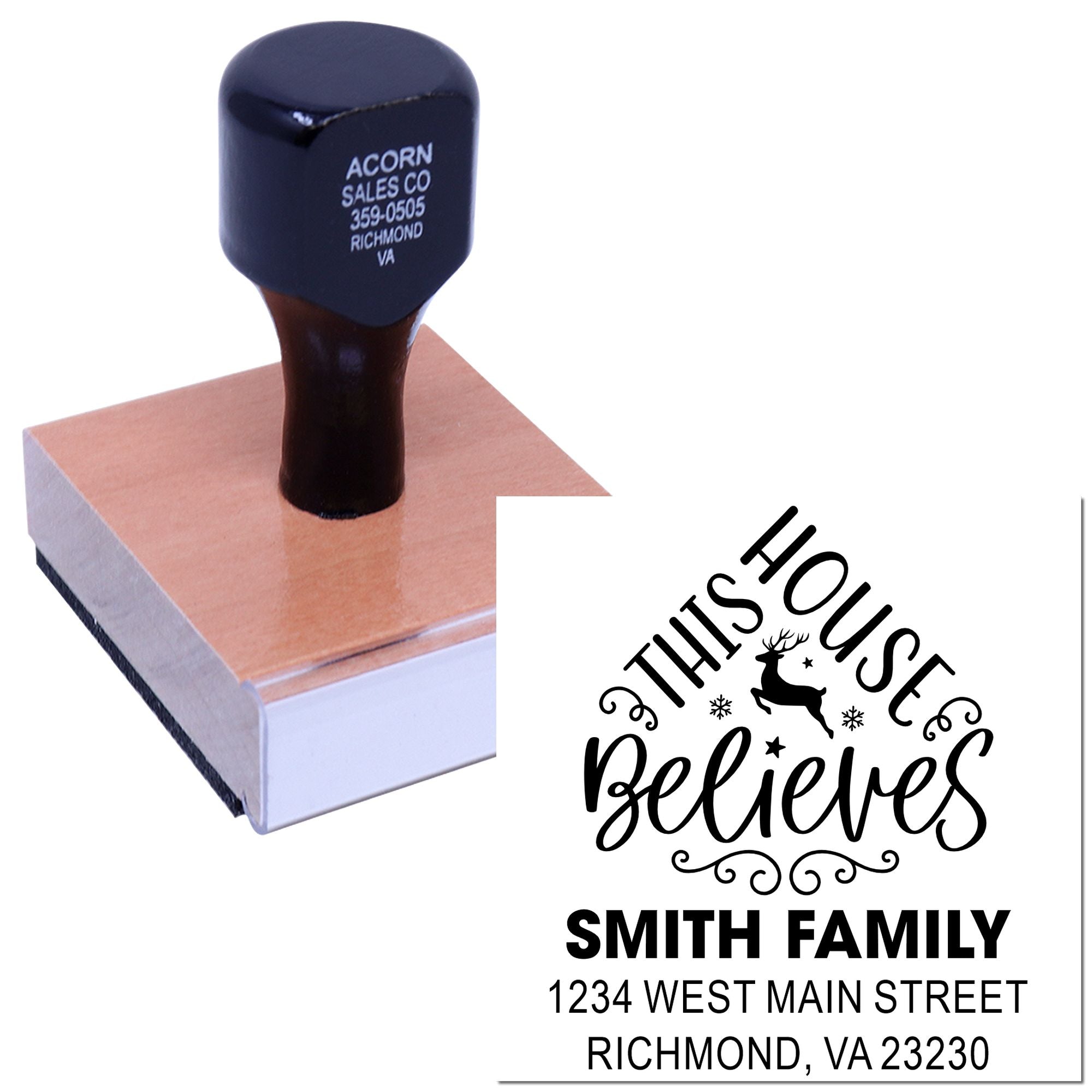 Personalized holiday address rubber stamp for Smith Family, featuring This House Believes Christmas reindeer design and home address.