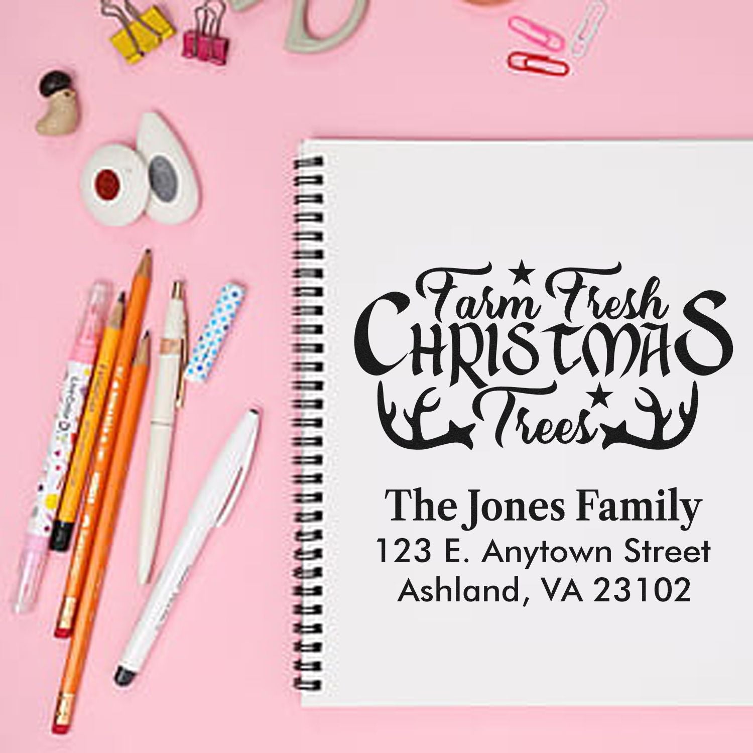 Custom rubber stamp design with Farm Fresh Christmas Trees and family address for personalized holiday return mail.