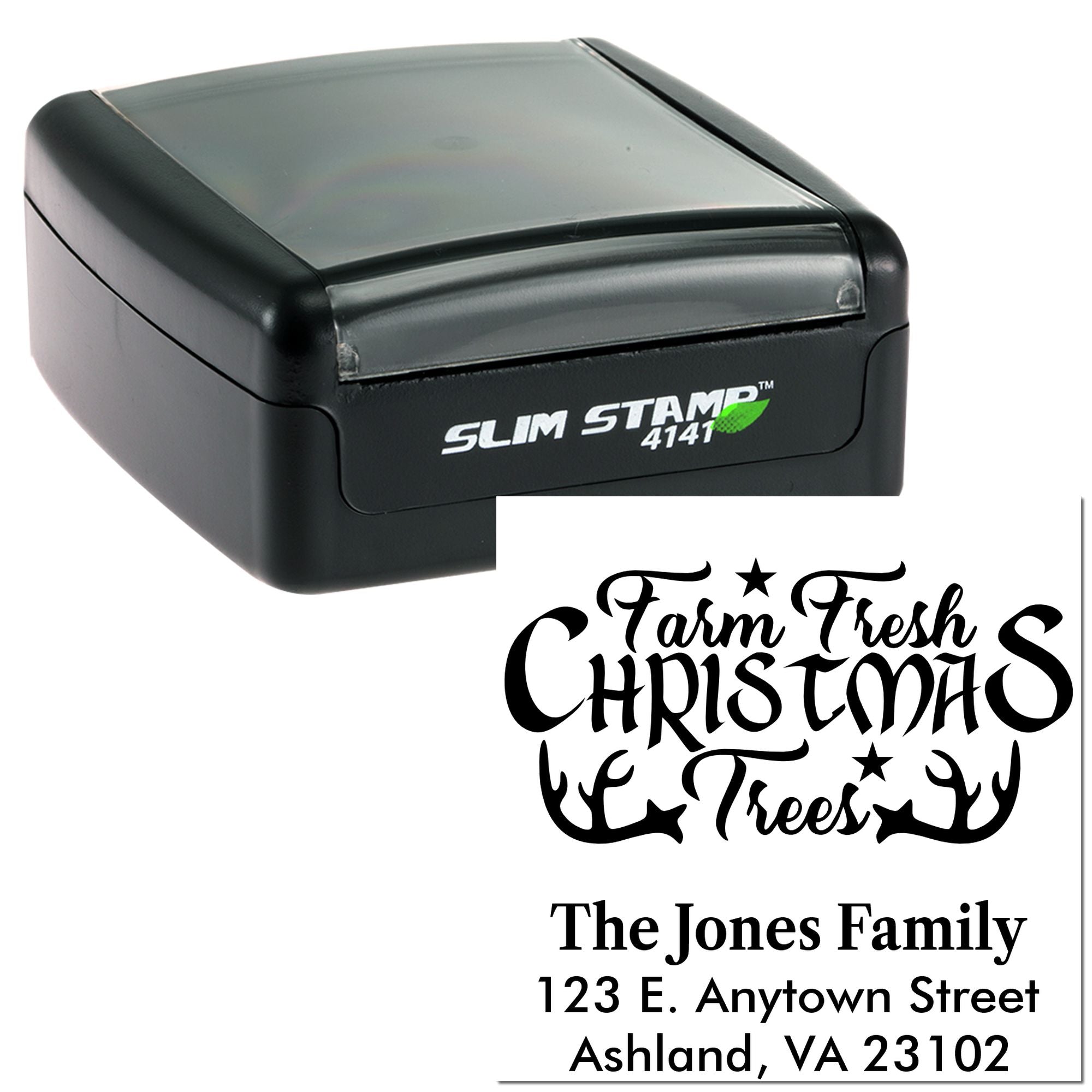 Custom slim self-inking rubber stamp featuring a Farm Fresh Christmas Trees address design