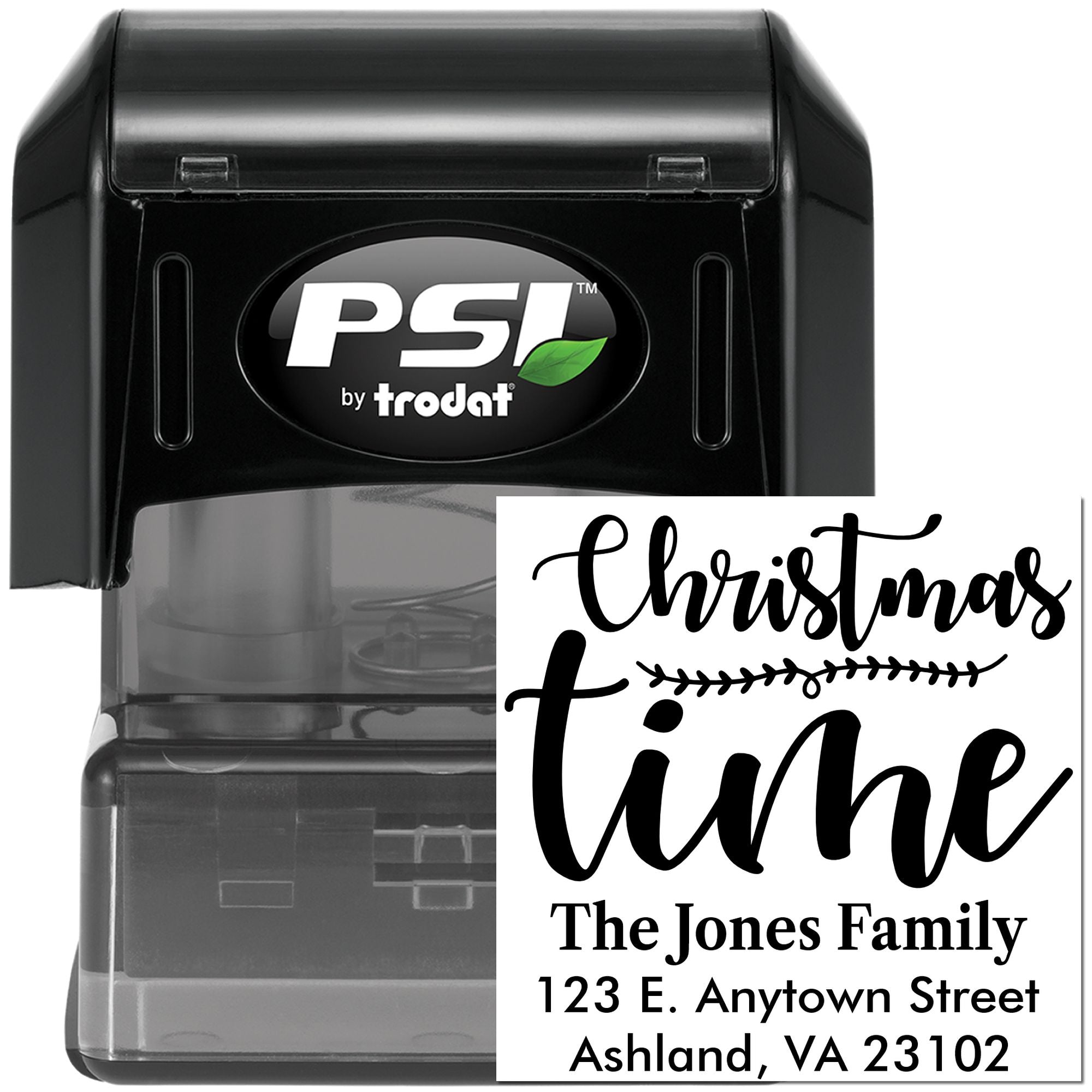 Custom self-inking Christmas return address rubber stamp by PSI by Trodat with holiday script and family address