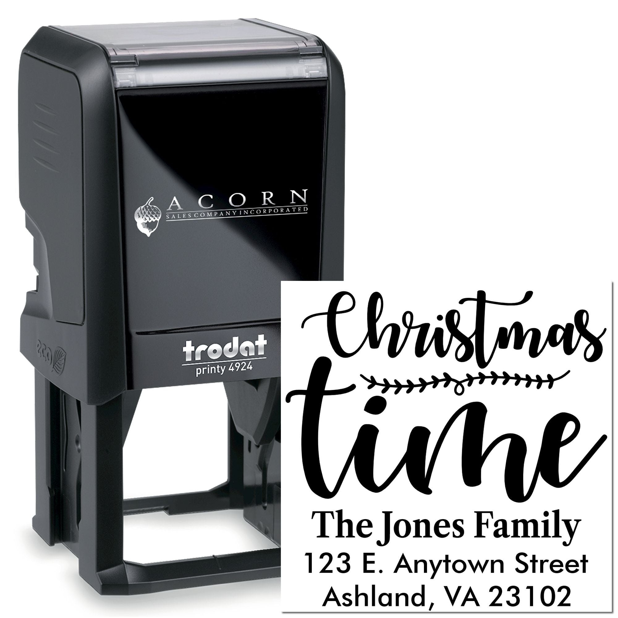 Custom Christmas return address rubber stamp, Trodat Printy 4924 self-inking stamp for holiday cards and envelopes.
