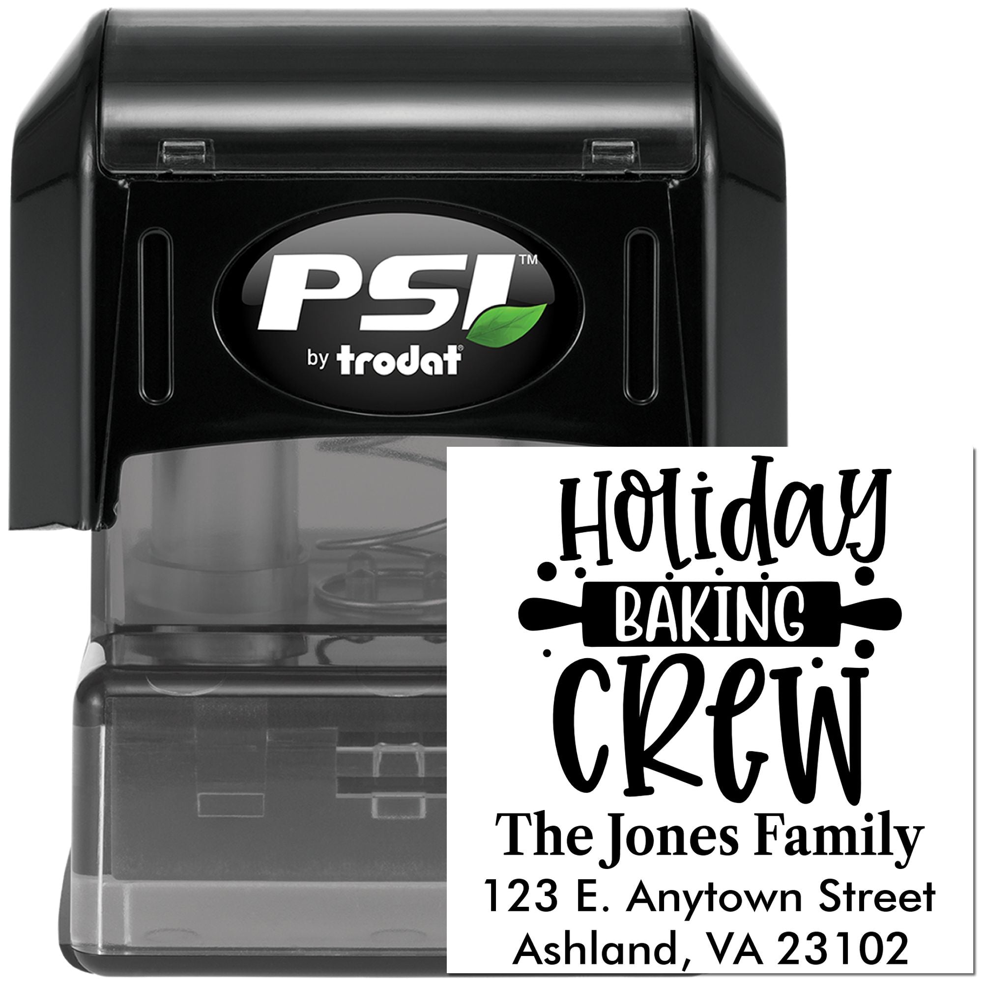 PSI by Trodat self-inking rubber stamp with custom Holiday Baking Crew return address design for personalized baking gifts.