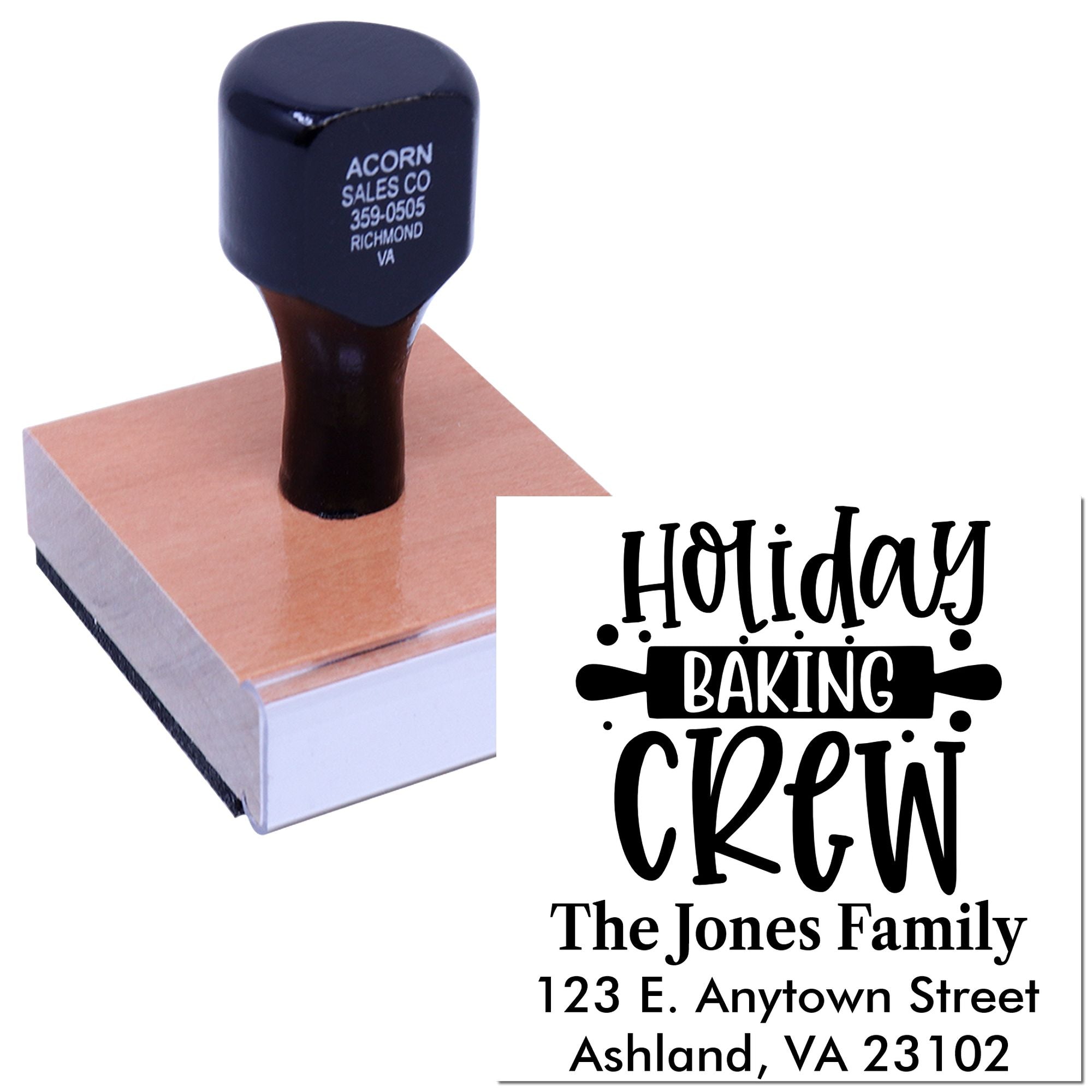 Custom rubber stamp for holiday baking crew with family name and address on a wooden stamp mount.