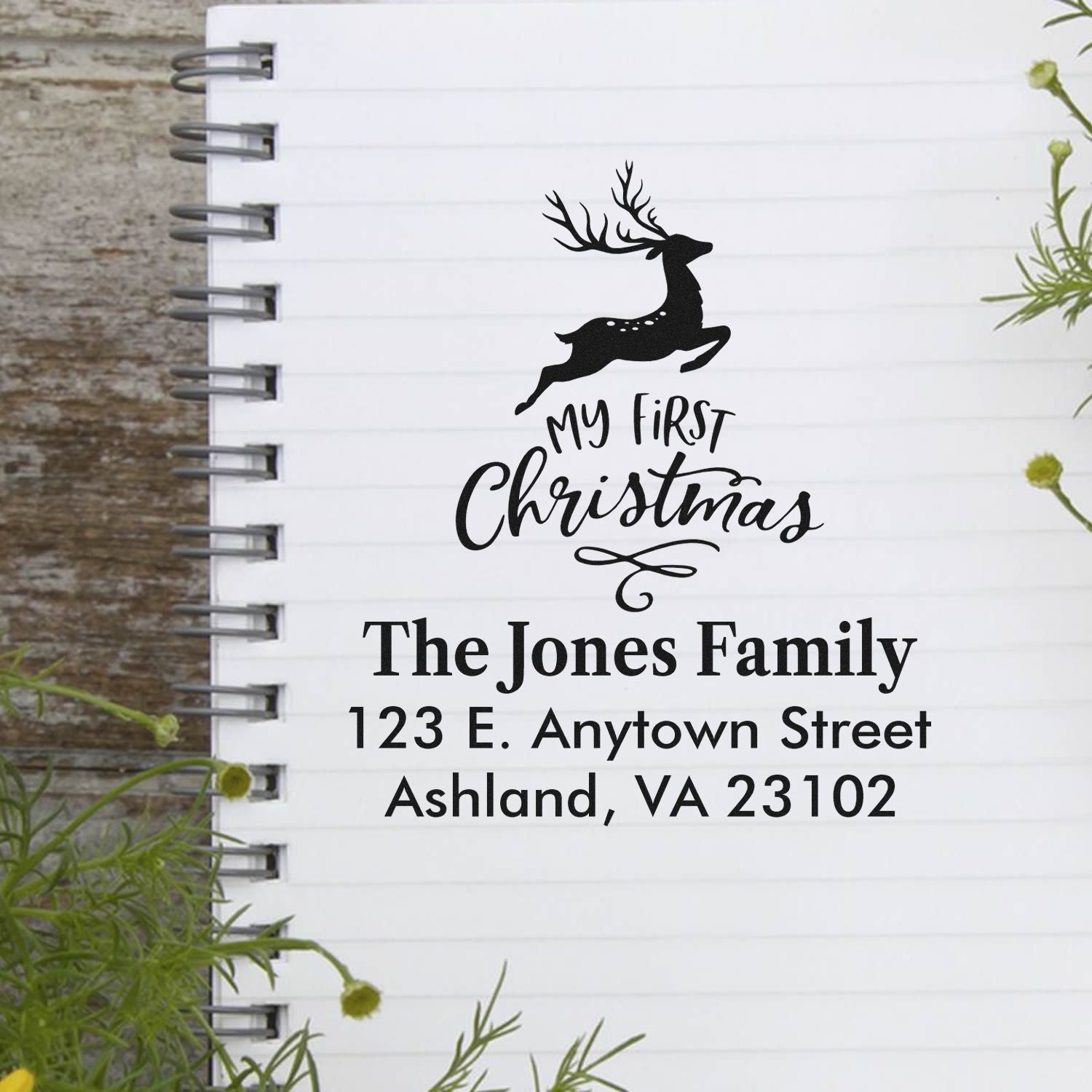 Custom address rubber stamp for My First Christmas, featuring deer, The Jones Family, and return address for holiday cards.