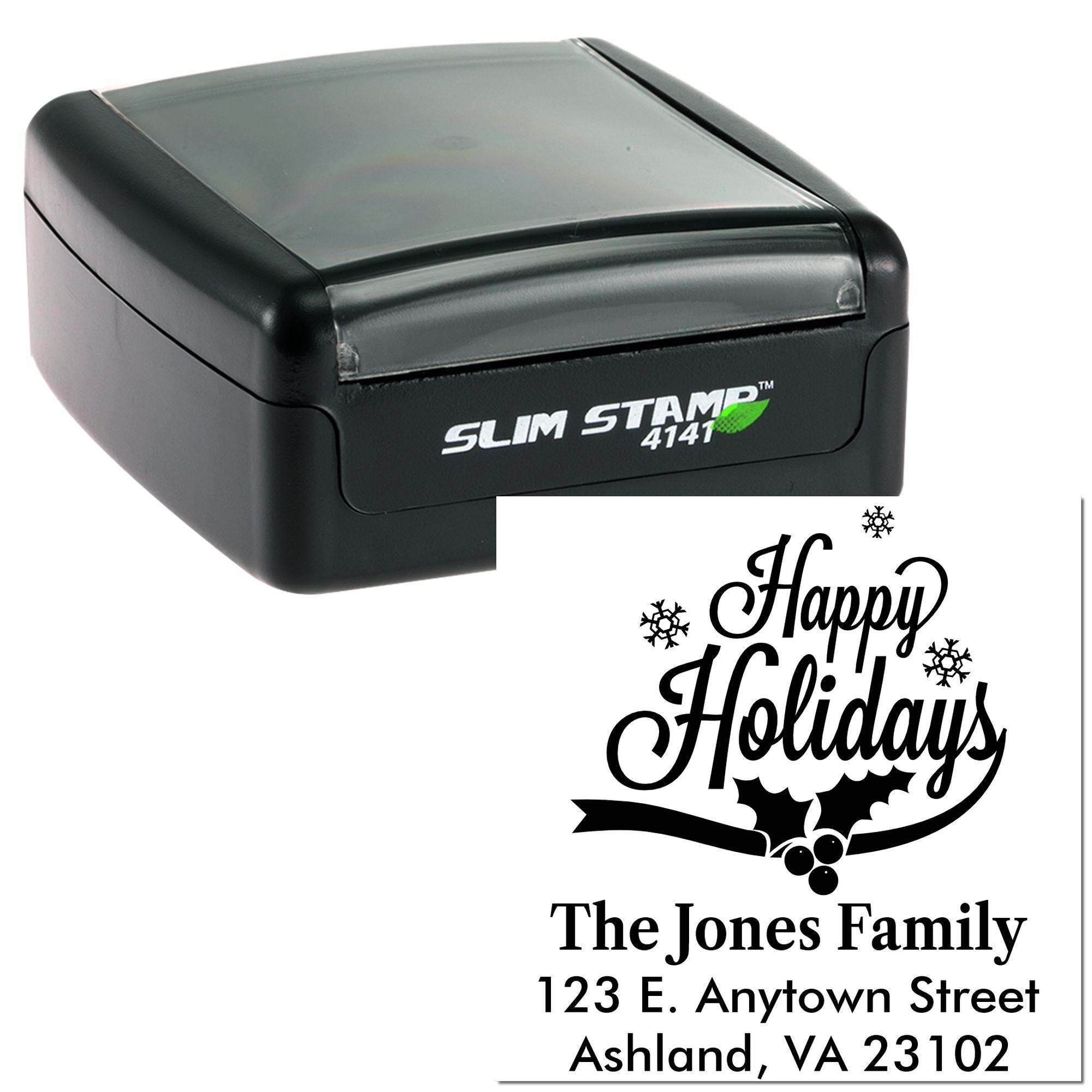 Slim Stamp 4141 self-inking rubber stamp with custom Happy Holidays holiday address imprint for festive mailing