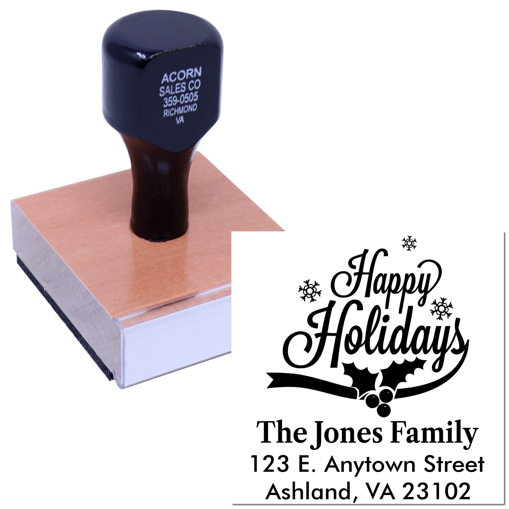Personalized holiday return address rubber stamp with Happy Holidays design for Christmas cards and envelopes.