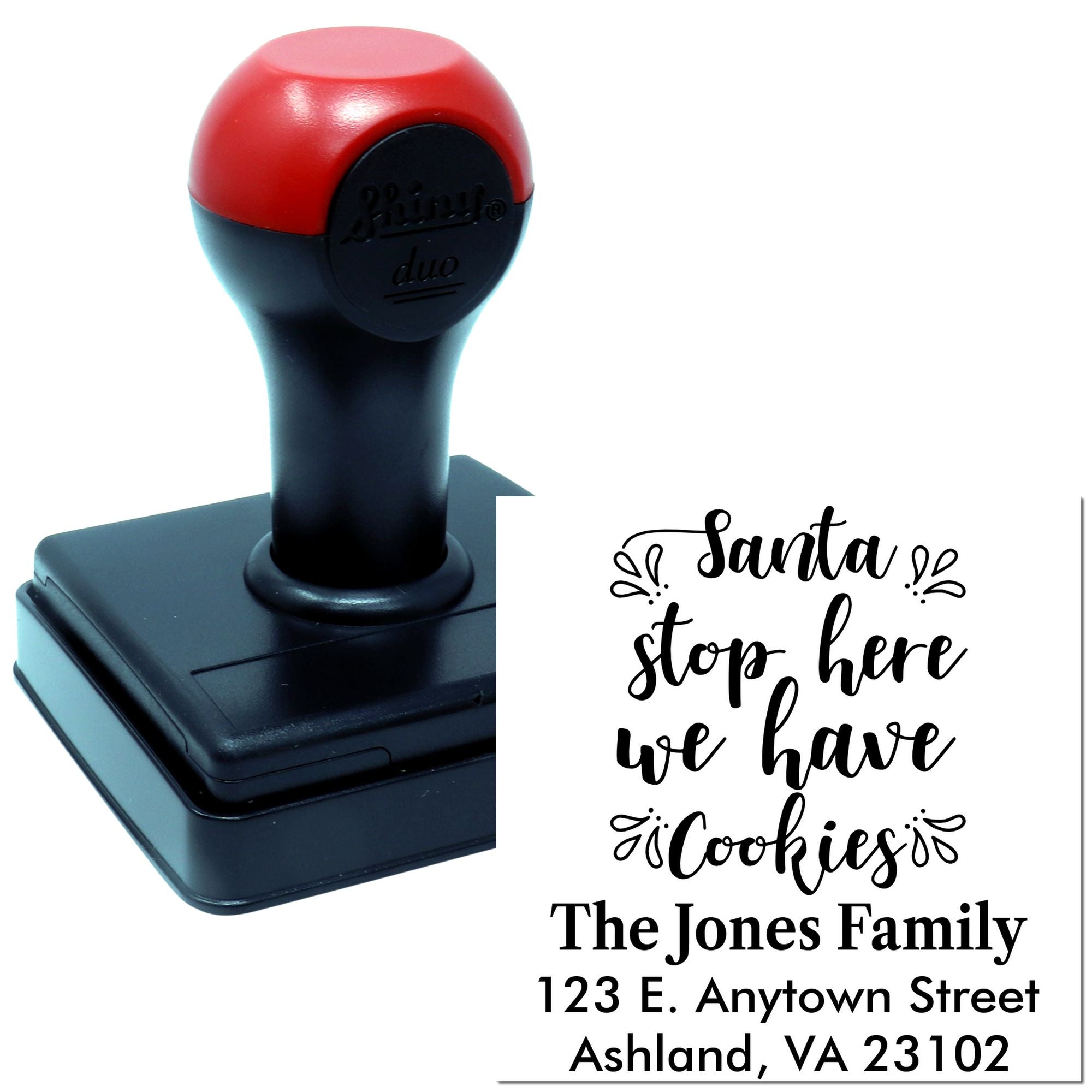 Personalized self-inking rubber stamp with Santa stop here, we have cookies design for holiday address labeling and Christmas mail.