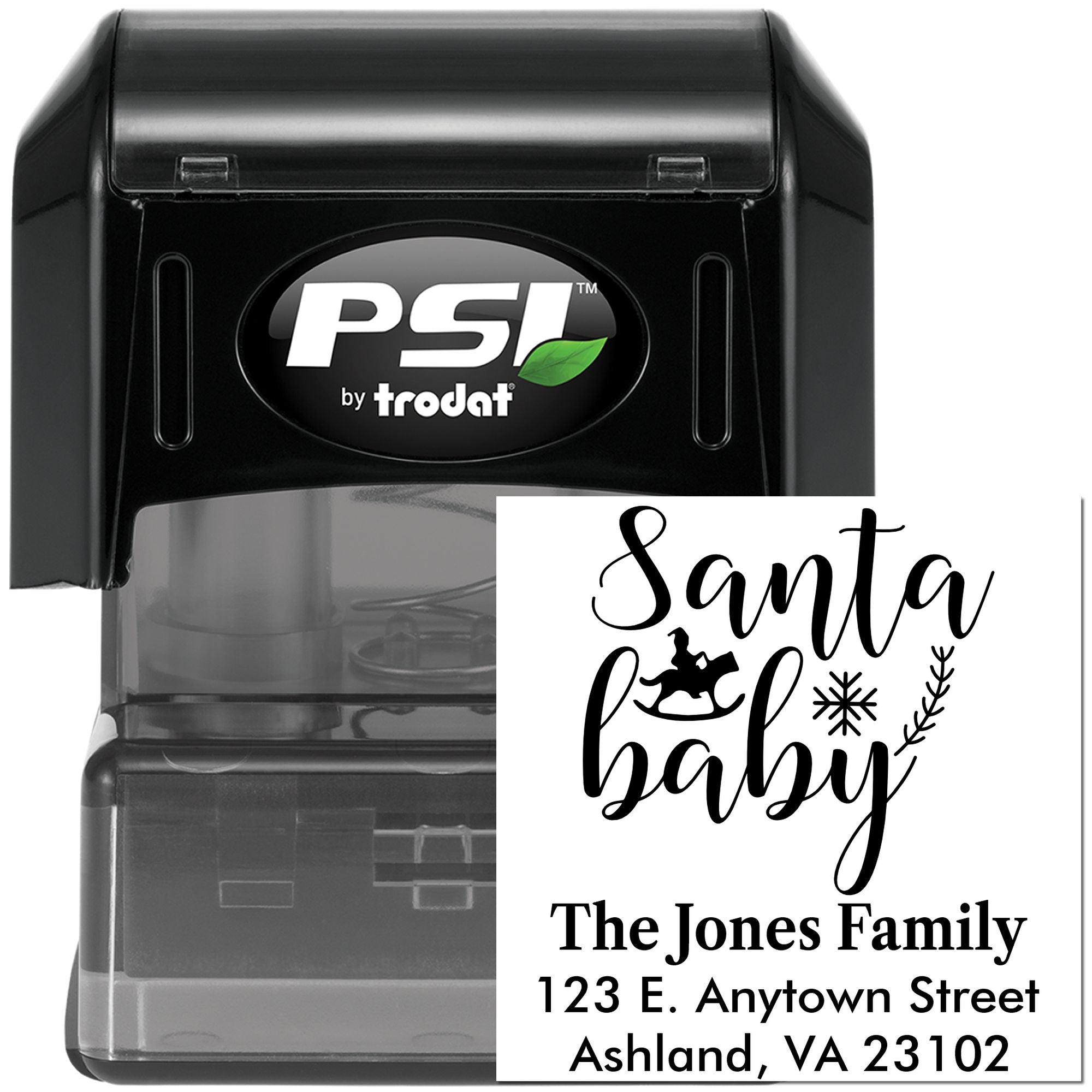 Custom self-inking address rubber stamp with Santa Baby holiday design, PSI by Trodat