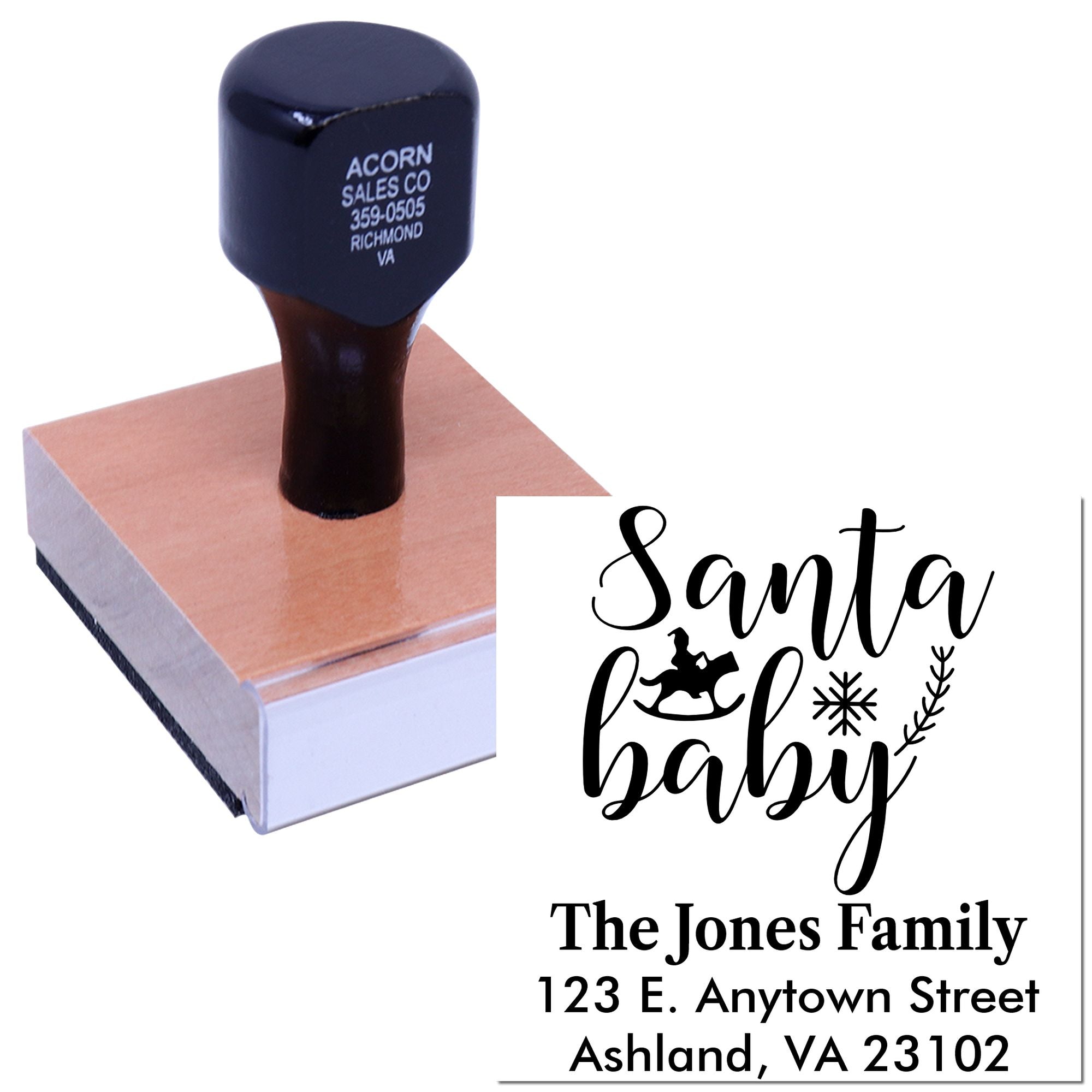Custom rubber stamp with Santa Baby holiday design and family address for personalized Christmas cards and envelopes.