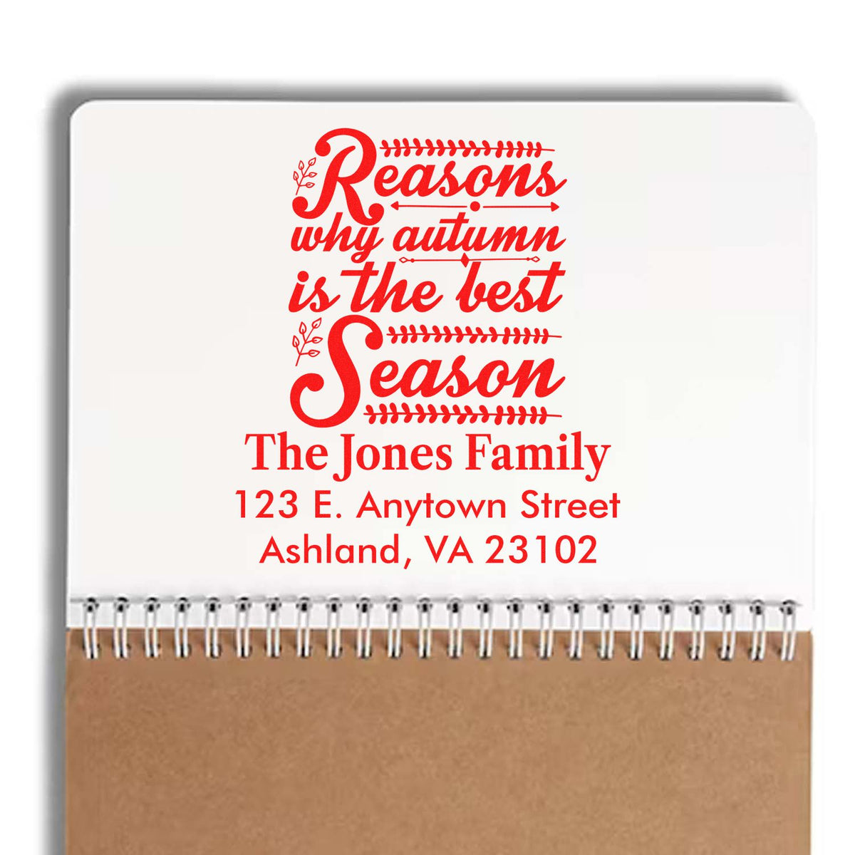 Custom autumn address rubber stamp design with Reasons why autumn is the best season for The Jones Family, Ashland VA.