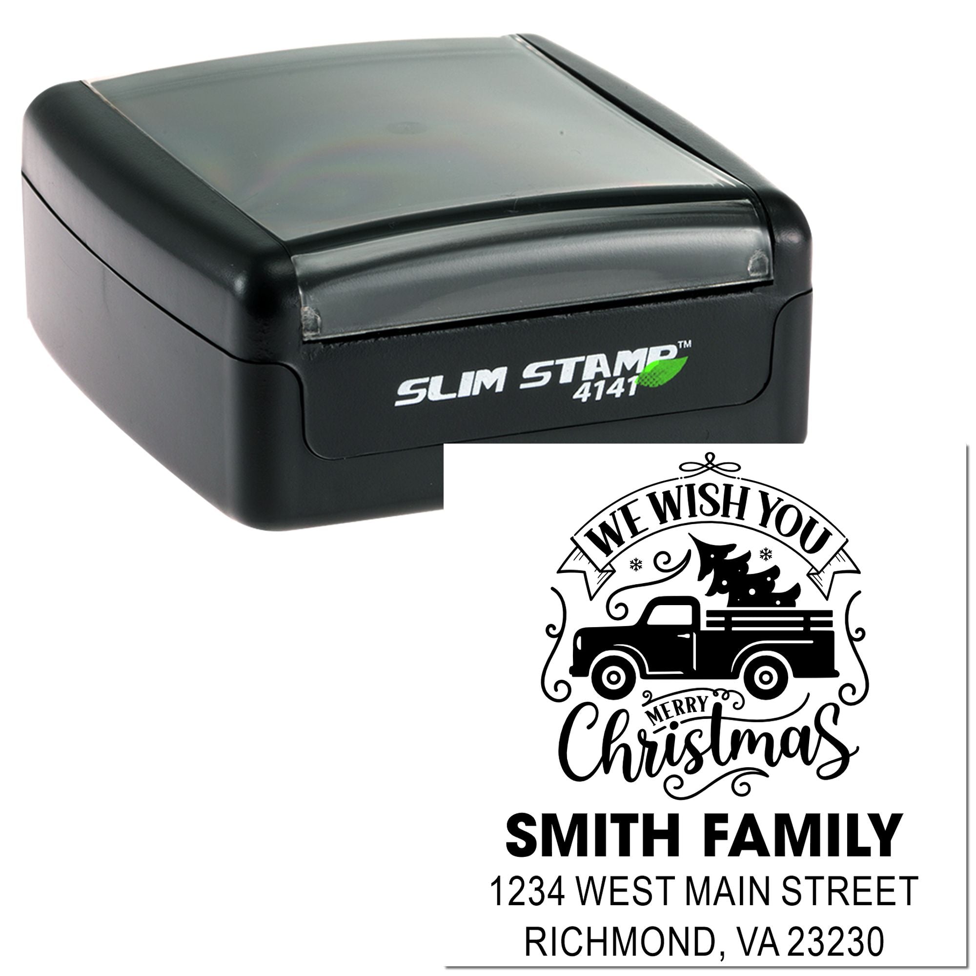Slim self-inking rubber stamp for custom Christmas address labels, showing a holiday truck design with family name and address.