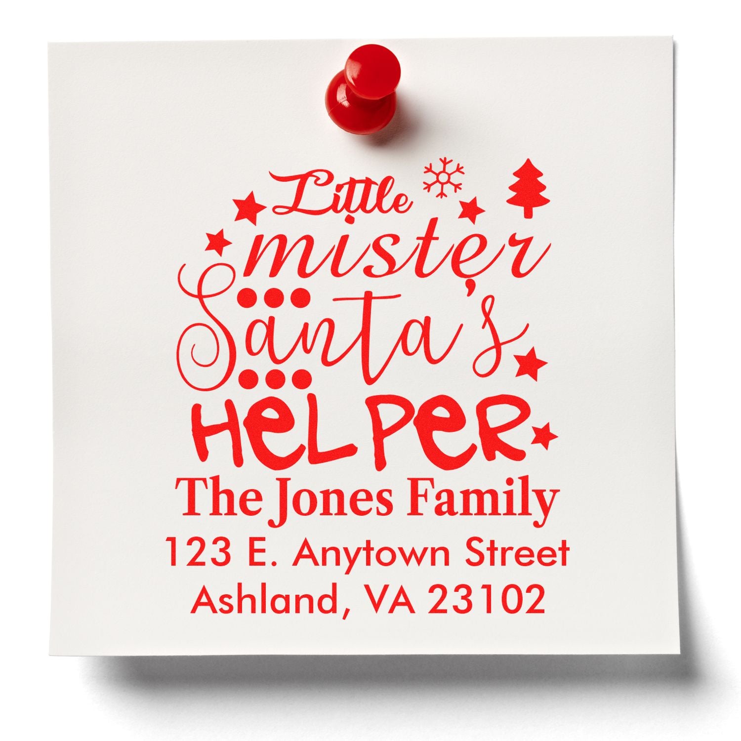 Custom Christmas address rubber stamp for Little Mister Santas Helper with family name and return address.