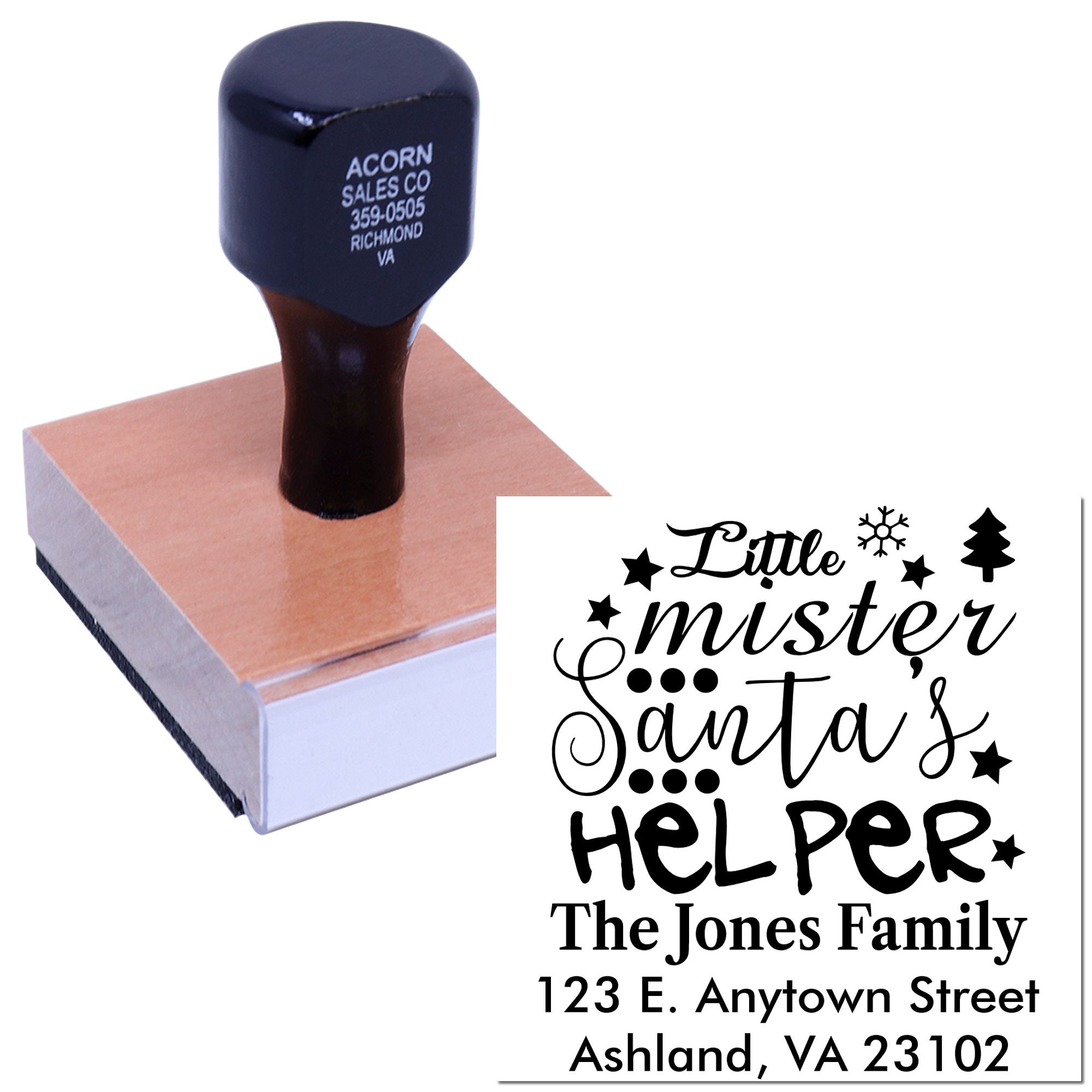 Custom Christmas return address rubber stamp featuring Little Mister Santas Helper for The Jones Family, Ashland, VA.