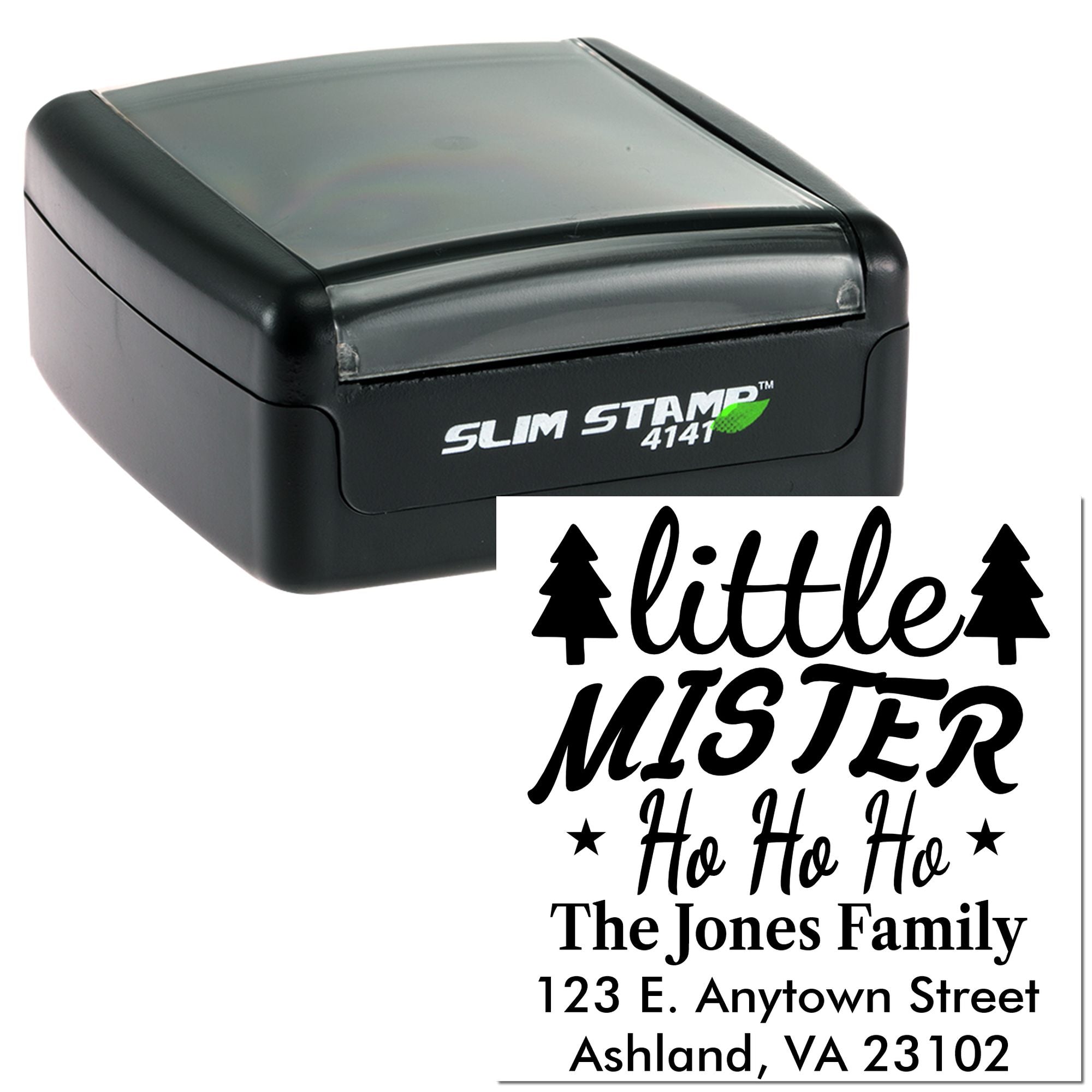 Custom self-inking rubber return address stamp with holiday design, showing Slim Stamp 4141 imprint for The Jones Family.