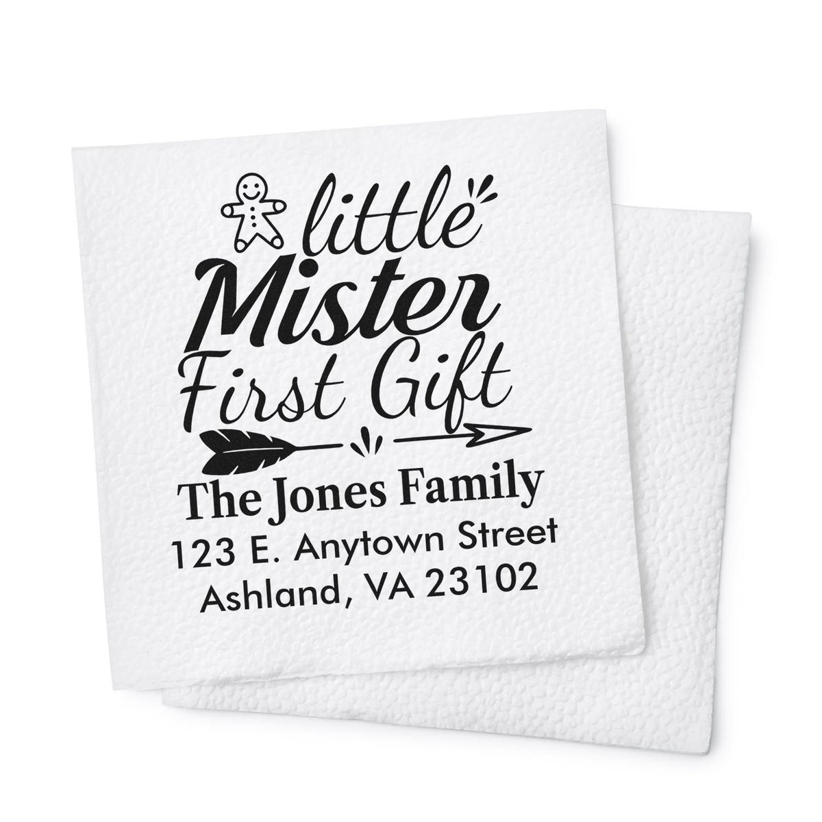Personalized rubber stamp for babys first gift, featuring Little Mister design with family name and address.