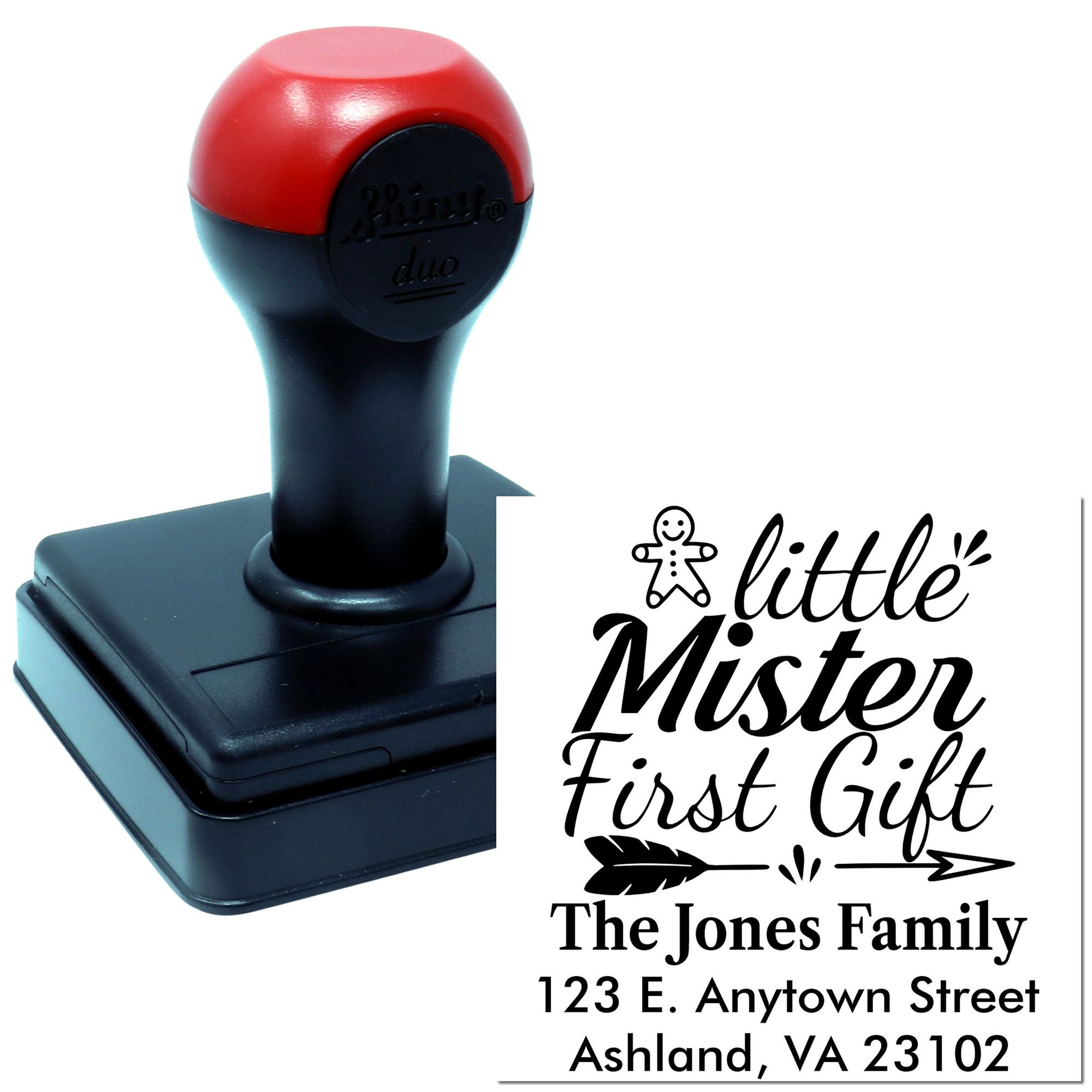 Custom self-inking rubber stamp for baby gifts, featuring Little Mister First Gift return address design.