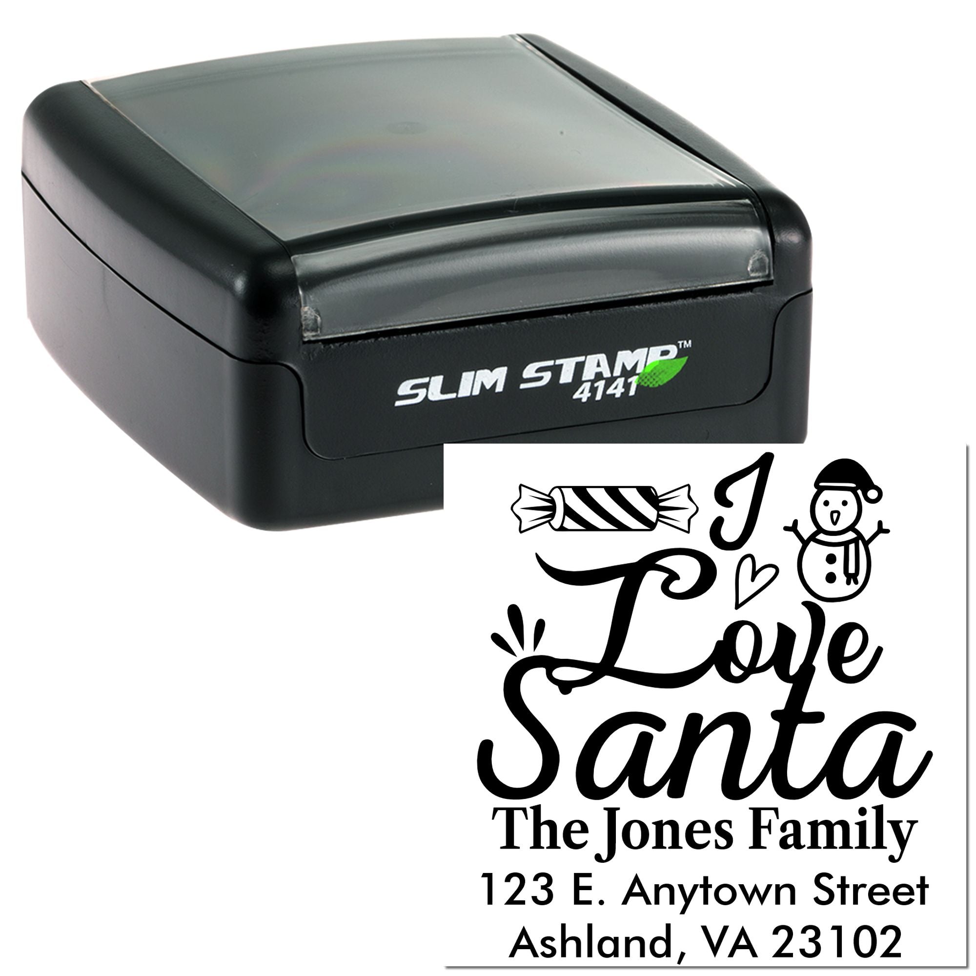 Slim Stamp custom rubber stamp with I Love Santa holiday return address design for personalized Christmas cards.