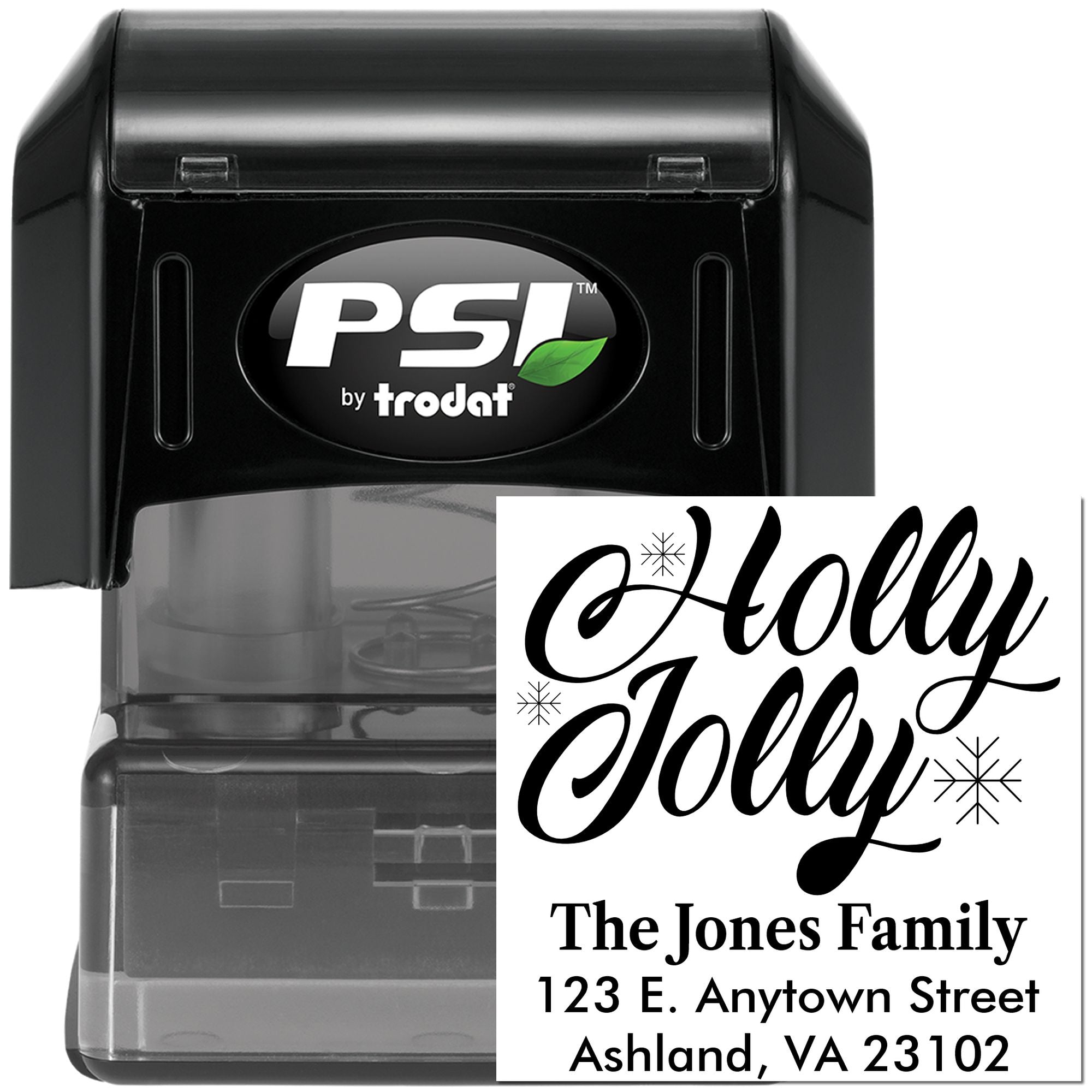 PSI by Trodat self-inking rubber stamp with Holly Jolly holiday address design for custom family mailing labels.