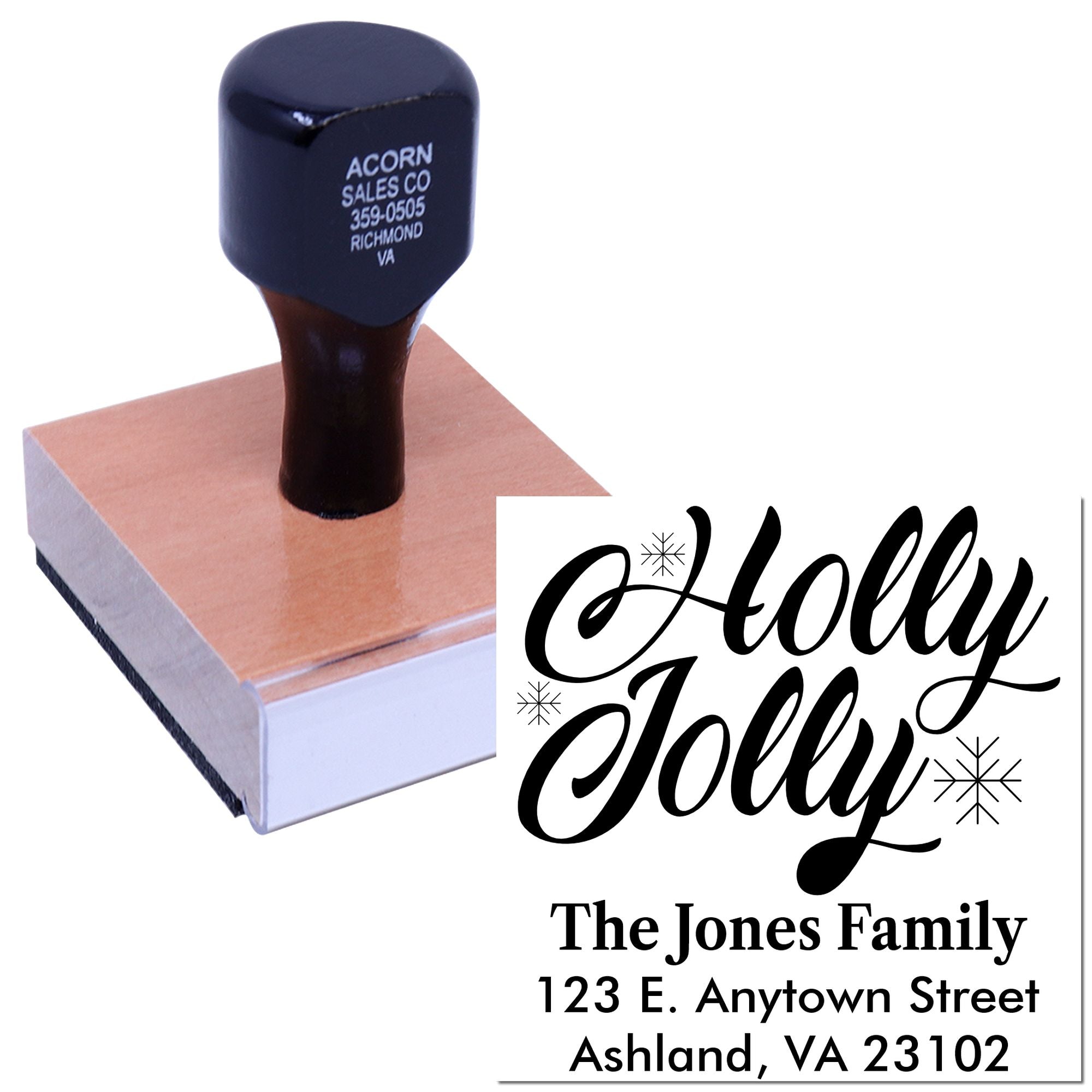 Custom holiday return address rubber stamp with Holly Jolly design for The Jones Family, Ashland, VA 23102