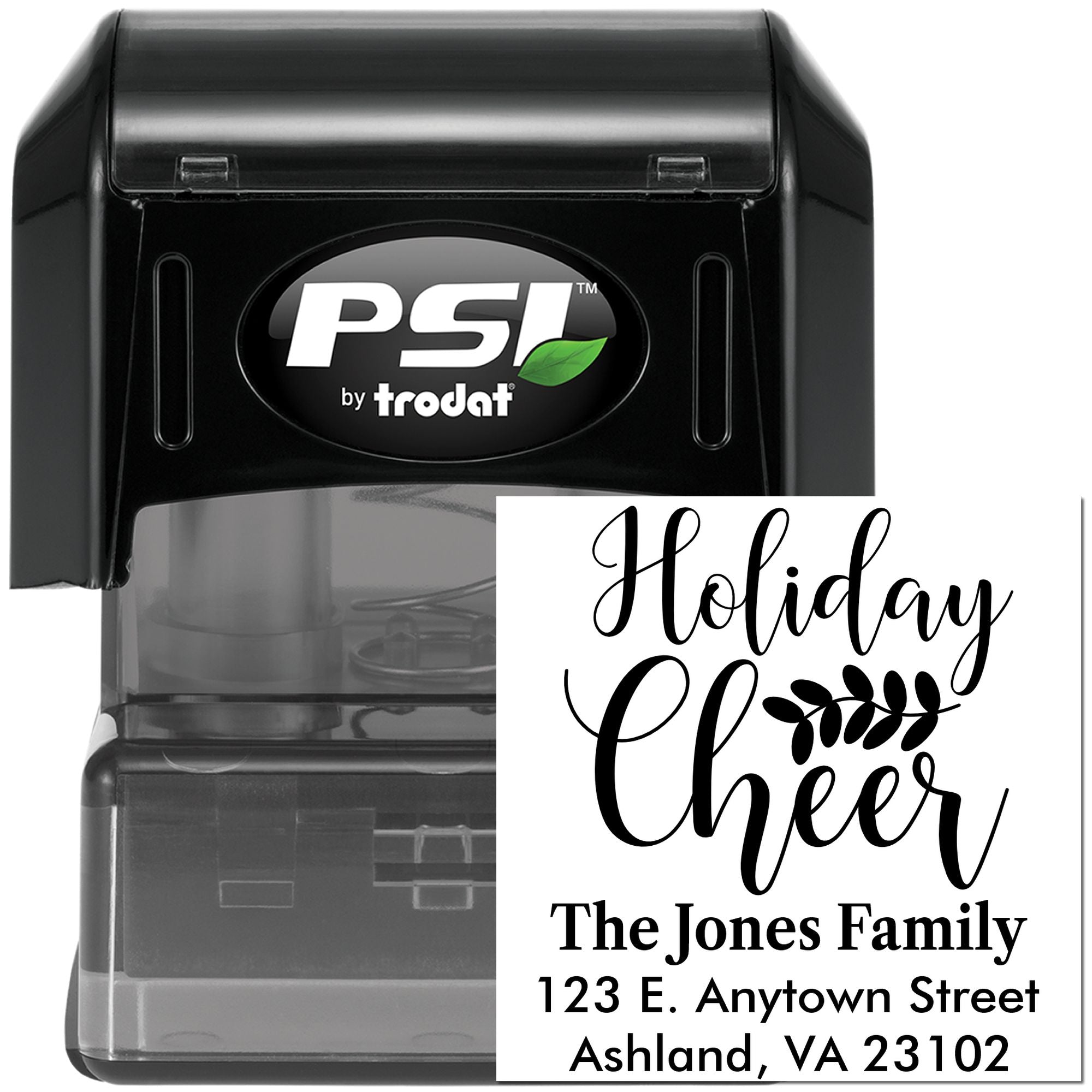 Personalized Holiday Cheer address rubber stamp by PSI by Trodat for festive family cards and mailings.