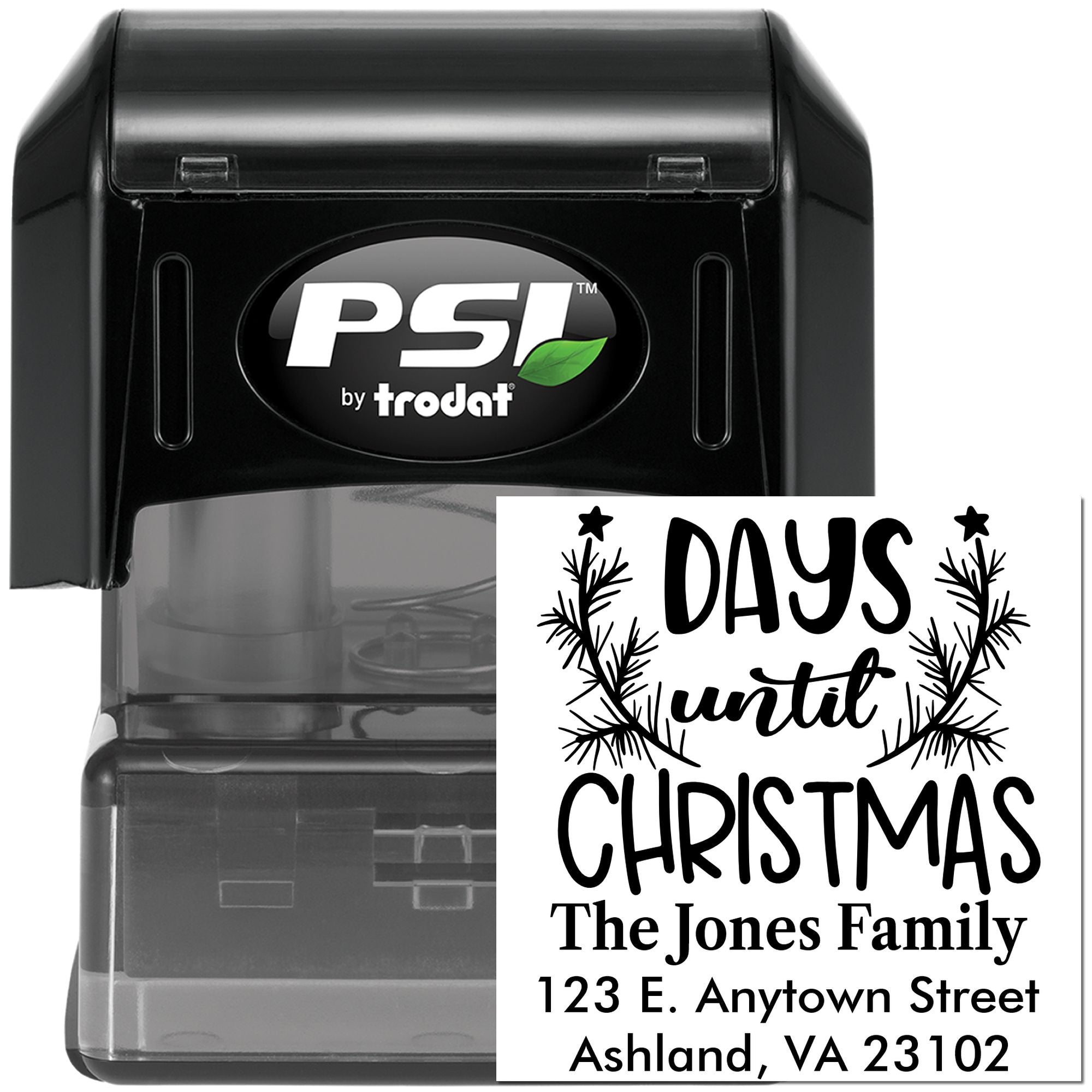 Custom self-inking Christmas rubber stamp by PSI/Trodat with Days Until Christmas design and personalized return address.