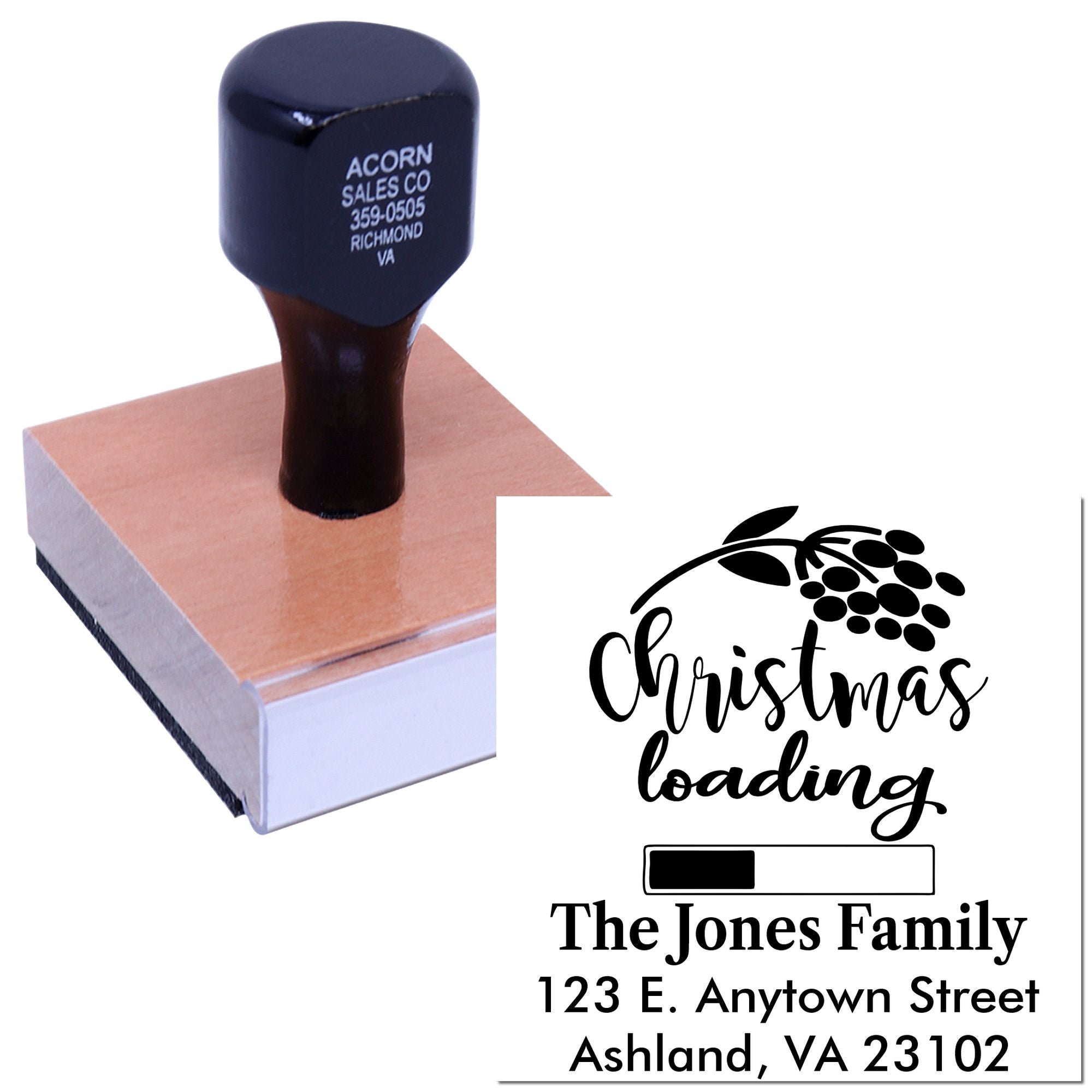 Custom Christmas address rubber stamp with Christmas loading design for holiday cards and mail.